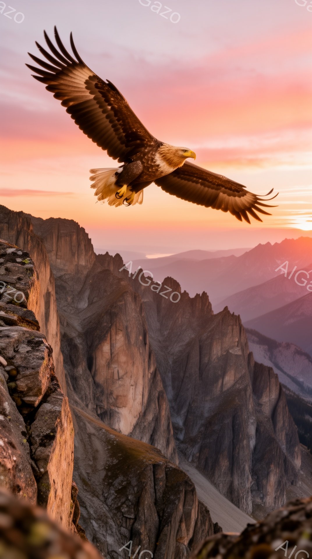 岩だらけの山々に、巨大なワシが翼を広げて飛んでいる。夕焼けのオレンジ色の光が山々を照らし、ドラマチックな空の背景が、ワシの荘厳さを際立たせている。ワシは鋭い眼差しで獲物を探しているようだ。 - AI生成フリー素材