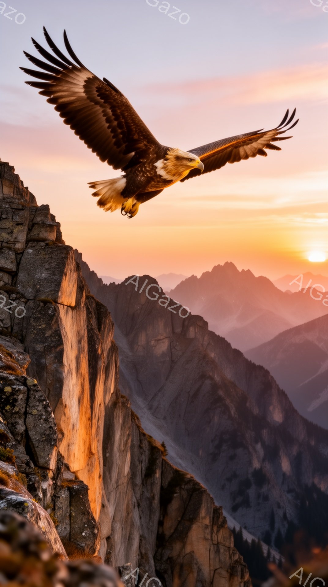 岩場を背景に、夕焼け空を舞う巨大な鷲が捉えられています。オレンジ色の光が鷲の翼を照らし、力強さと自由さを強調しています。険しい山々が遠くに見え、壮大な自然の風景が広がっています。 - AI生成フリー素材