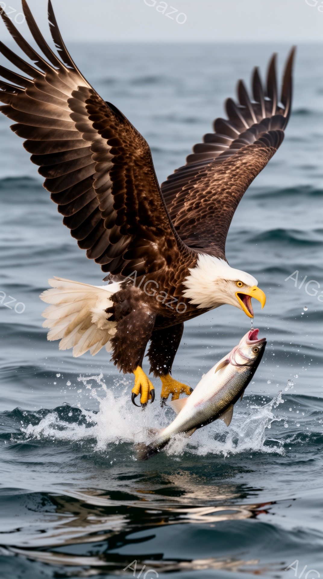 オジロワシが獲物を抱えながら海中から飛び立っている。力強い翼を広げ、鋭い爪で鮭をしっかりと掴んでいる様子は、大自然の力強さを感じさせる。水しぶきが飛び散り、ダイナミックな瞬間を捉えた一枚である。