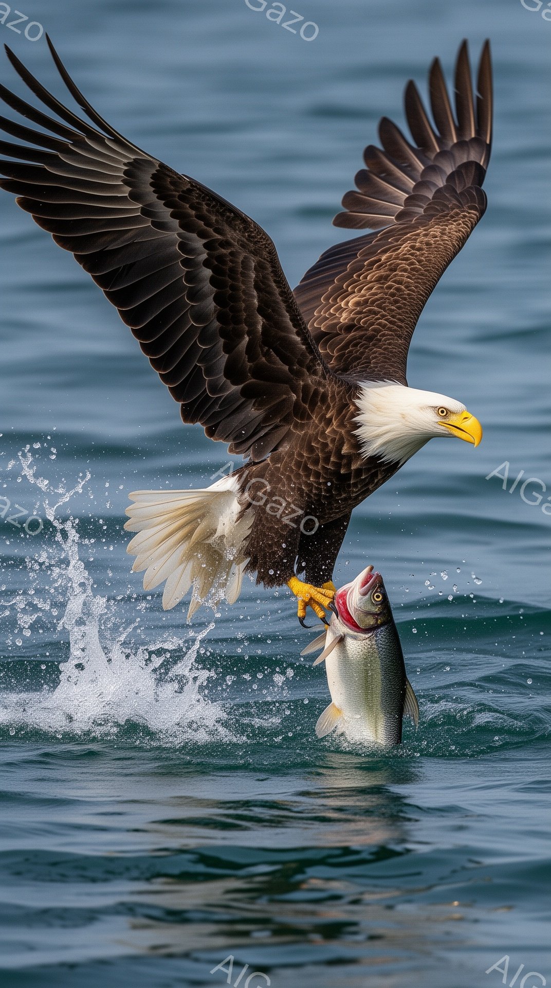 オオワシが獲物の鮭を鋭い爪で掴み、海面から飛び立とうとしている。水しぶきが飛び散り、力強く羽を広げた姿は、野生の迫力を感じさせる。背景は穏やかな海で、鮮やかなコントラストが美しい瞬間を捉えている。