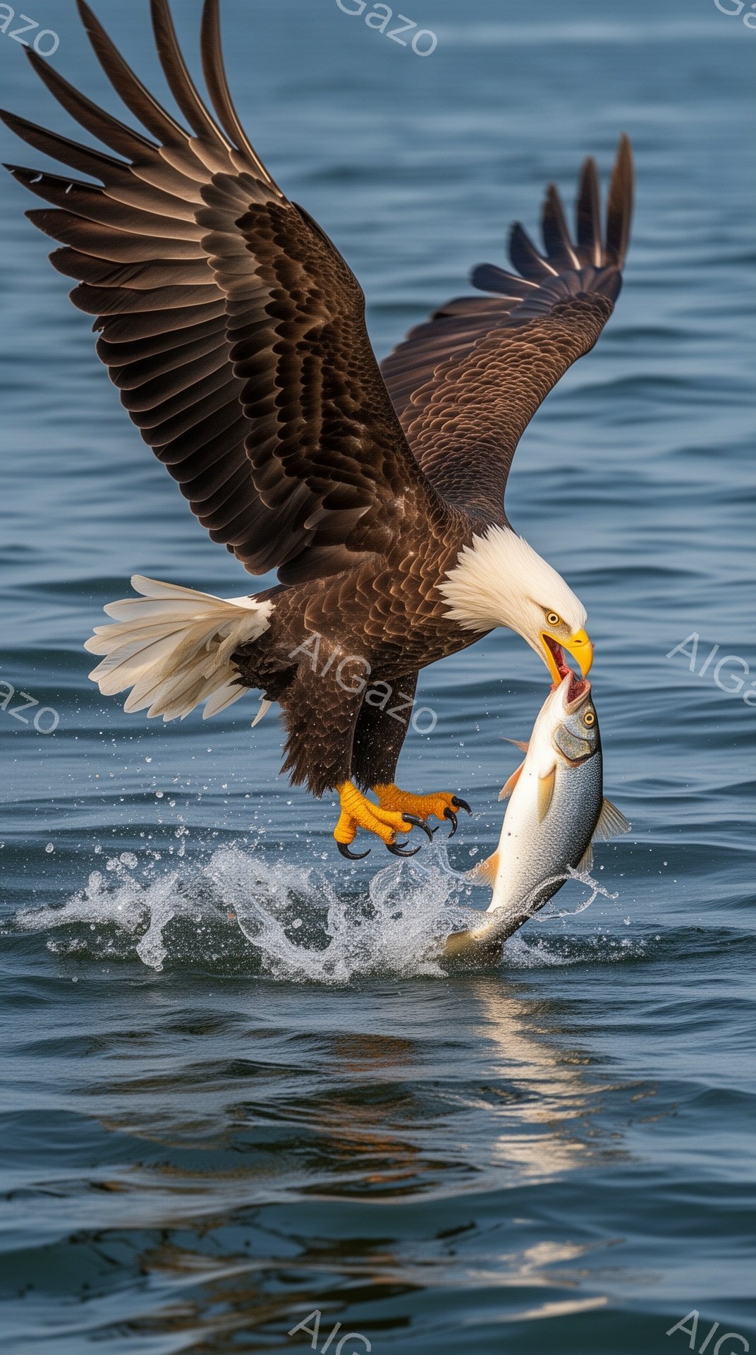 広大な水面で、白頭ハゲワシが獲物を掴み、力強く飛び立とうとしている。翼を大きく広げ、鋭い爪で銀色の魚をしっかりと捕らえている姿は、まさに狩りの最中です。水しぶきが舞い上がり、大自然の力強さを感じさせま - AI生成フリー素材