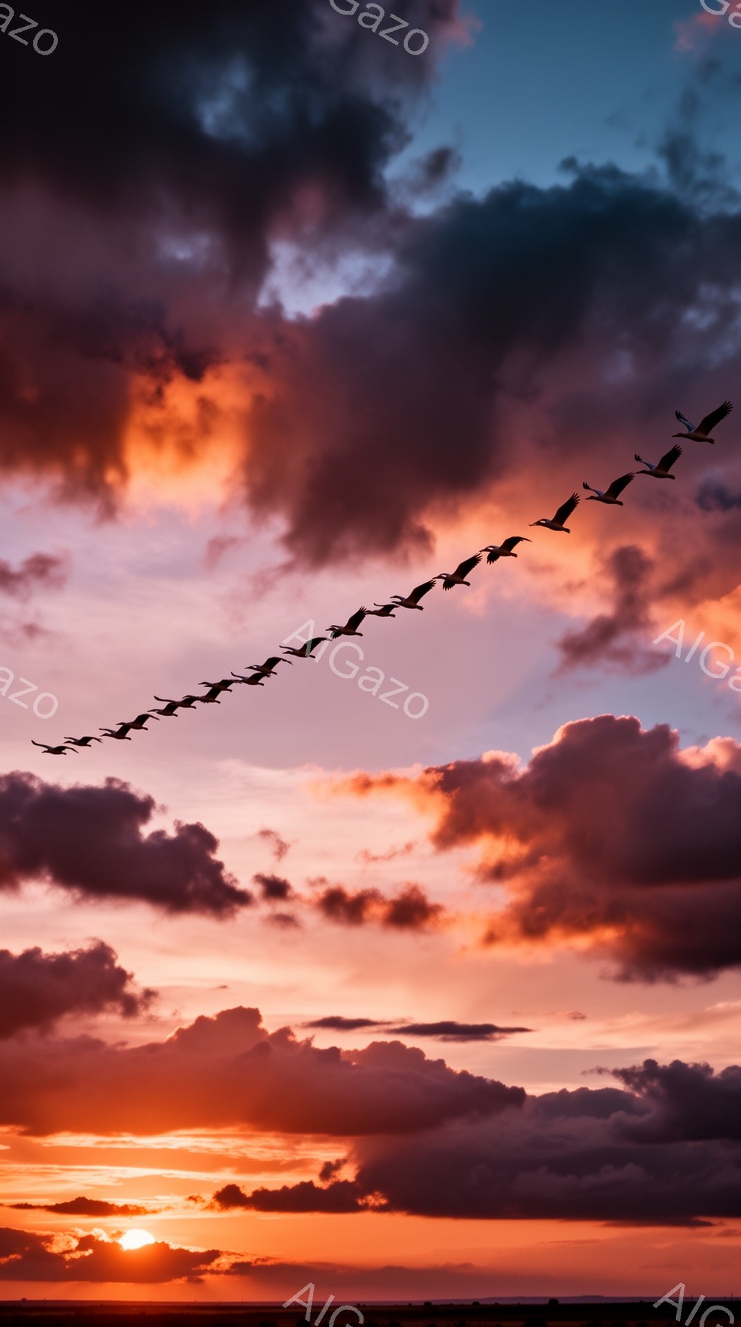 夕焼け空をV字編隊で飛ぶ鳥たちのシルエットが印象的な風景です。空は燃えるような赤色とオレンジ色で彩られ、ドラマチックな雰囲気を醸し出しています。地平線にはかすかに陸地が見え、自然の壮大さを感じさせます。