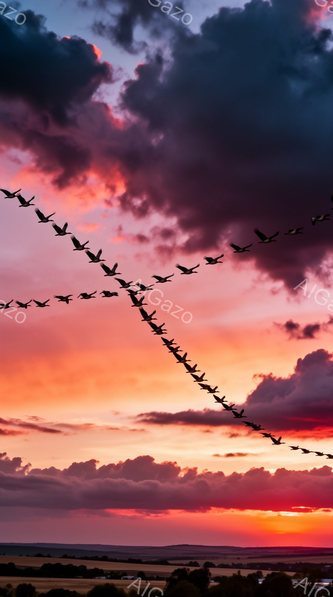 燃えるような夕焼け空を、V字型に鳥たちが飛んでいる。地平線近くは赤く、上空は暗い雲が広がり、ドラマチックな光景を作り出している。遠くに見えるのは、緑豊かな田園風景と、その向こうの地平線だ。