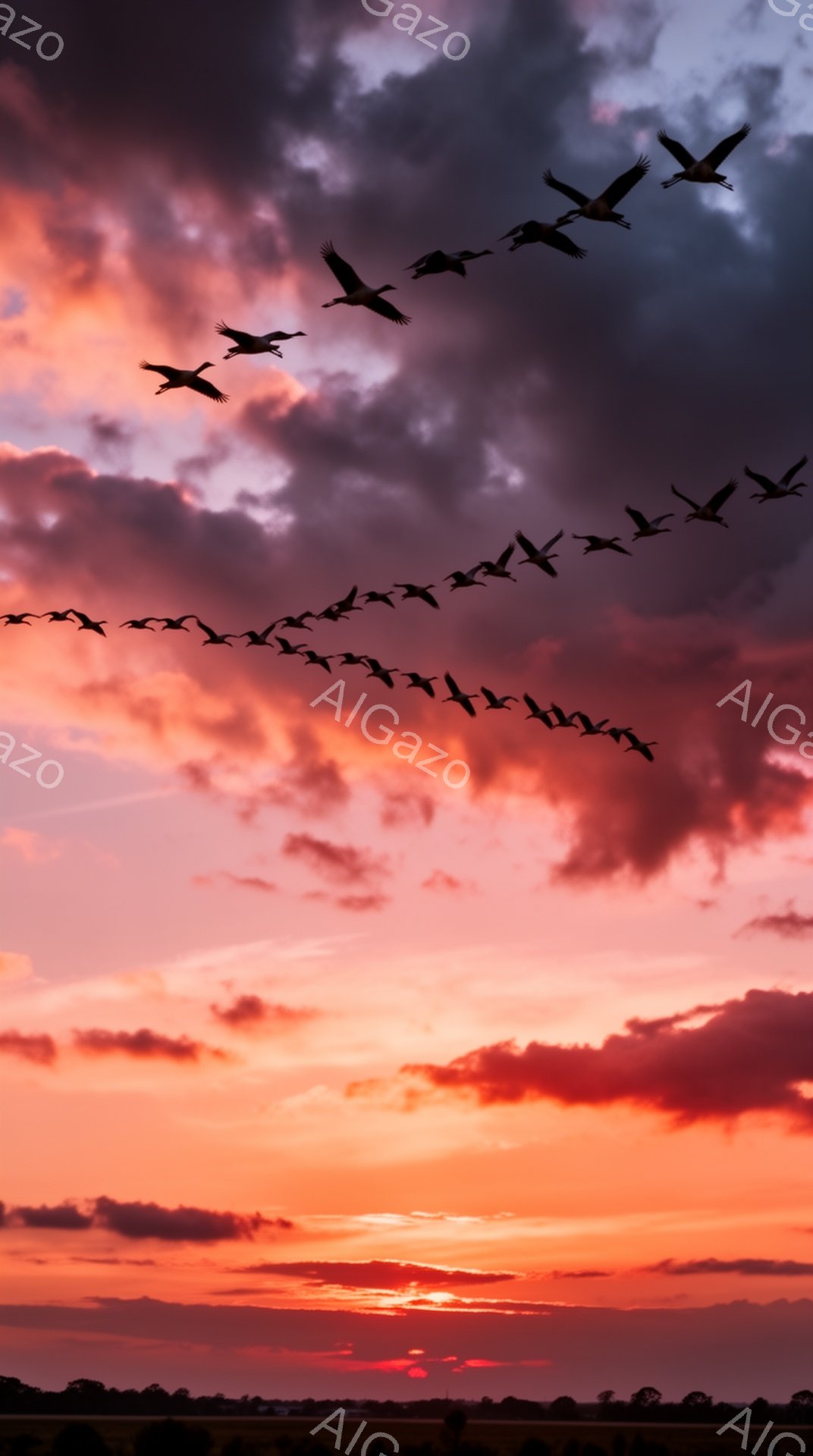 鮮やかな夕焼け空を、V字型に並んだ鳥たちが飛んでいる。地平線には太陽が沈み、空は赤やオレンジ、紫の色合いで染められている。草原と木々のシルエットが下部にあり、静かで穏やかな雰囲気を醸し出している。 - AI生成フリー素材