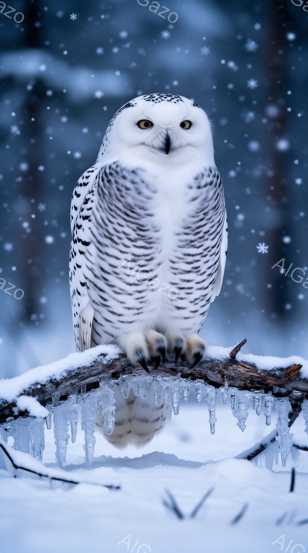 白い雪の降る中で、フクロウが凍った木の枝にとまっています。その鋭い目は何かを見つめているようで、周囲の雪景色に溶け込む白い羽毛が印象的です。寒々しい冬の風景の中に、凛とした美しさが際立っています。