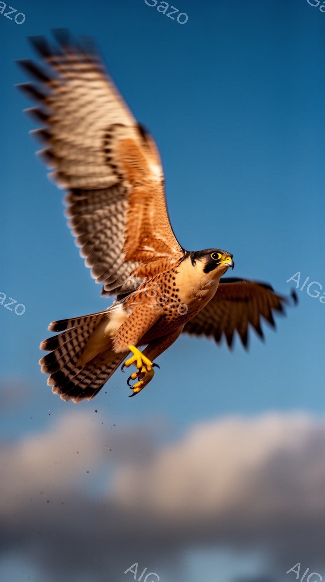 猛禽類が青い空を背景に翼を広げ、ダイナミックな飛行の瞬間を捉えている。鋭い眼差しと鮮やかな羽の色が印象的で、力強く空を舞う姿は、自然の美しさを感じさせる。背景には雲がぼんやりと見え、空の広がりと鳥の自 - AI生成フリー素材