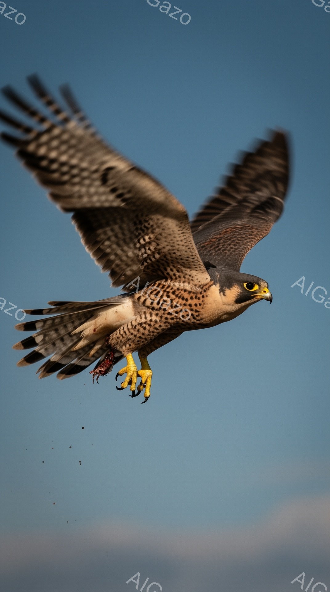 空を飛ぶ猛禽類の美しい瞬間を捉えた写真です。ハヤブサは翼を大きく広げ、獲物と思われるものを鋭い爪でしっかりと掴んでいます。青い空を背景に、力強く、そして優雅な姿が際立っています。