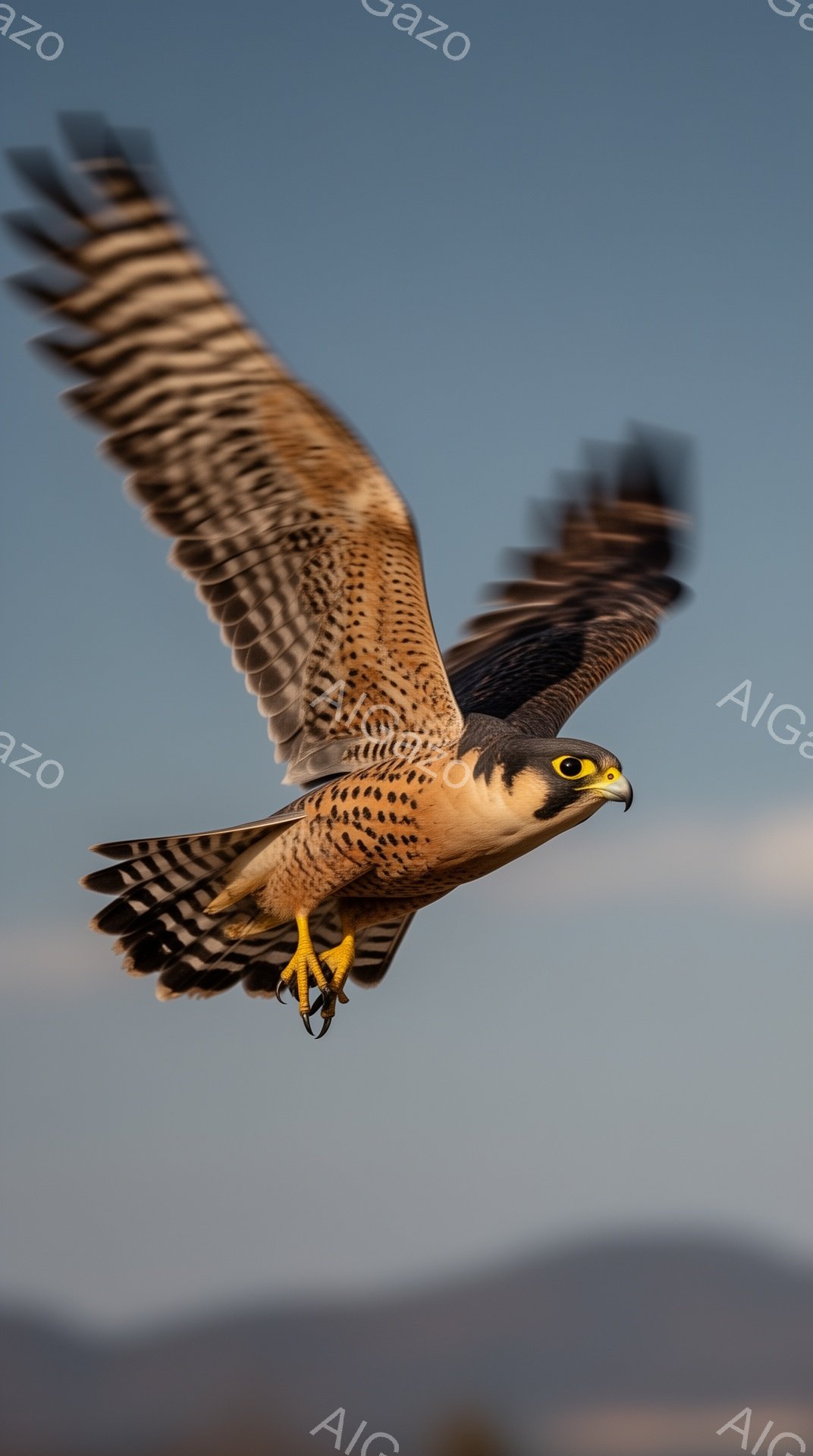 猛禽類が翼を広げ、力強く空を飛んでいる。背景にはぼやけた山々が広がり、青い空とのコントラストが美しい。光の当たり方から、夕暮れ時または早朝であることが推測できる。