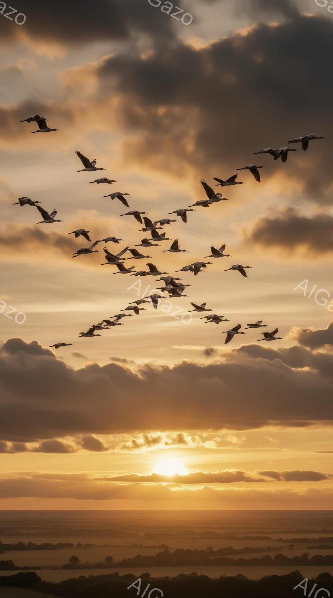 夕焼け空をV字型に飛ぶ鳥たちの群れが印象的な光景です。地平線には太陽が沈みかけ、空と大地をオレンジ色に染め上げています。穏やかで叙情的な雰囲気が漂う、美しい瞬間が捉えられています。