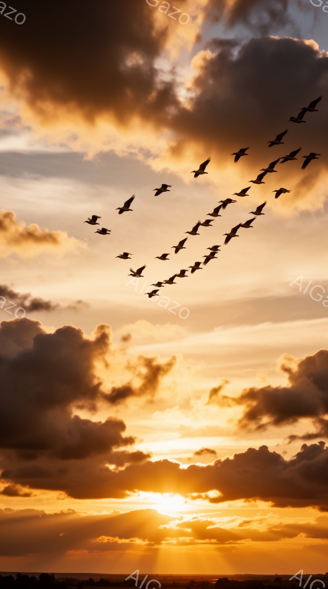 鮮やかな夕焼け空を、V字型の鳥の群れが飛んでいる。雲はオレンジ色と紫色に染まり、地平線には太陽が輝いている。力強くも平和な光景が、見る者を魅了する。 - AI生成フリー素材