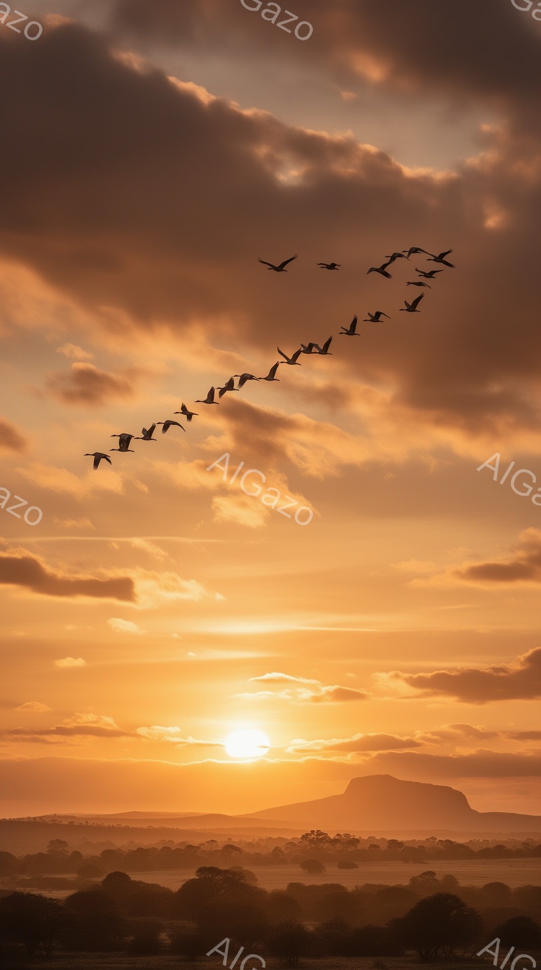 オレンジ色の夕焼け空を背景に、鳥の群れがV字型に飛んでいる。地平線には緑の丘と木々が見え、穏やかで暖かい雰囲気が漂う。太陽は地平線に沈みかけており、空全体を鮮やかなオレンジ色に染めている。