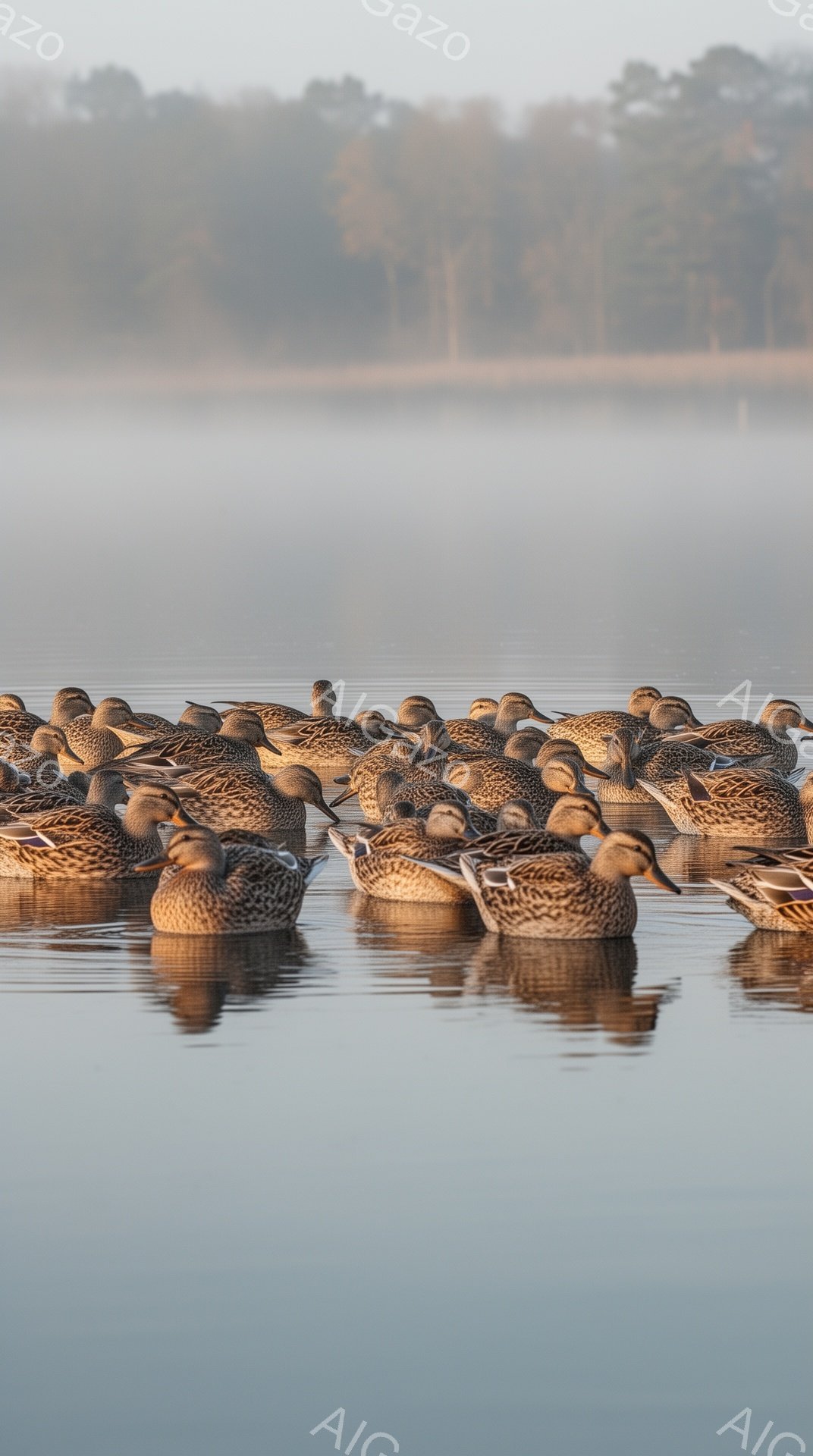 静かな湖面にマガモたちが浮かんでいます。朝靄が立ち込め、背景の木々はぼんやりと霞んでおり、穏やかな朝の雰囲気が漂っています。水面に映る鴨たちの姿もまた幻想的で、美しい光景です。