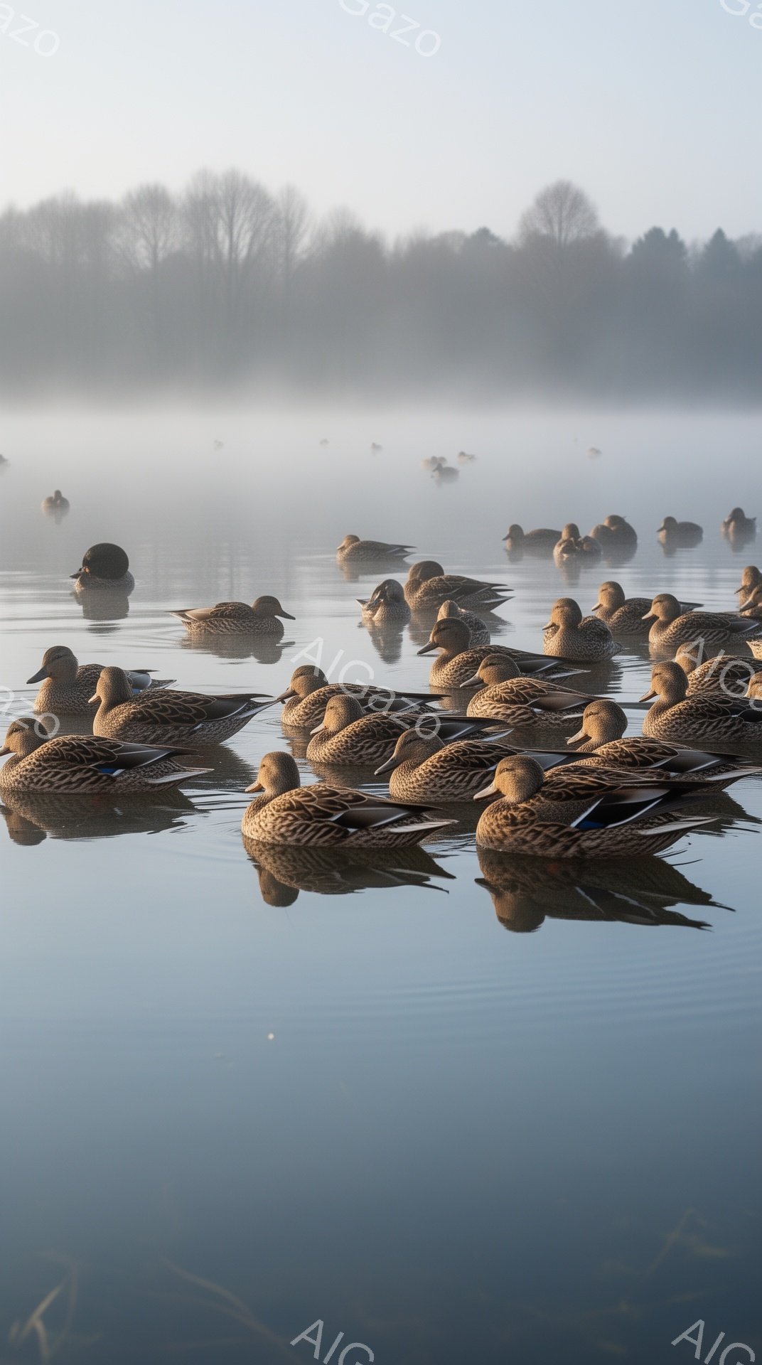 穏やかな水面にカモたちが浮かび、朝霧が立ち込めている。水面は鏡のように周囲の景色を映し出し、静寂で幻想的な雰囲気を醸し出している。遠くにはうっすらと木々のシルエットが見える。