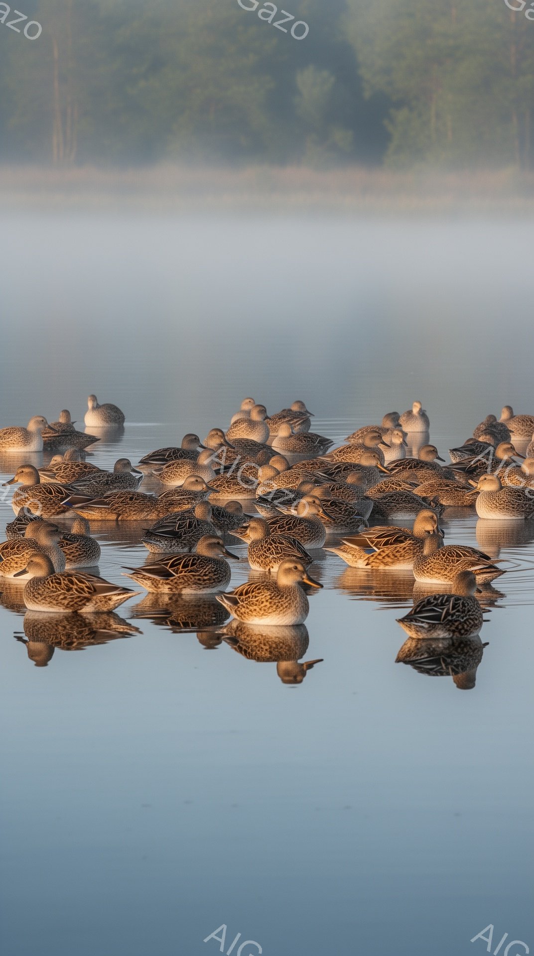 静かな湖面にマガモたちが浮かび、水面にはその姿が美しく映り込んでいる。朝靄が立ち込め、幻想的な雰囲気を醸し出している。穏やかな光が水面を照らし、平和な情景が広がっている。