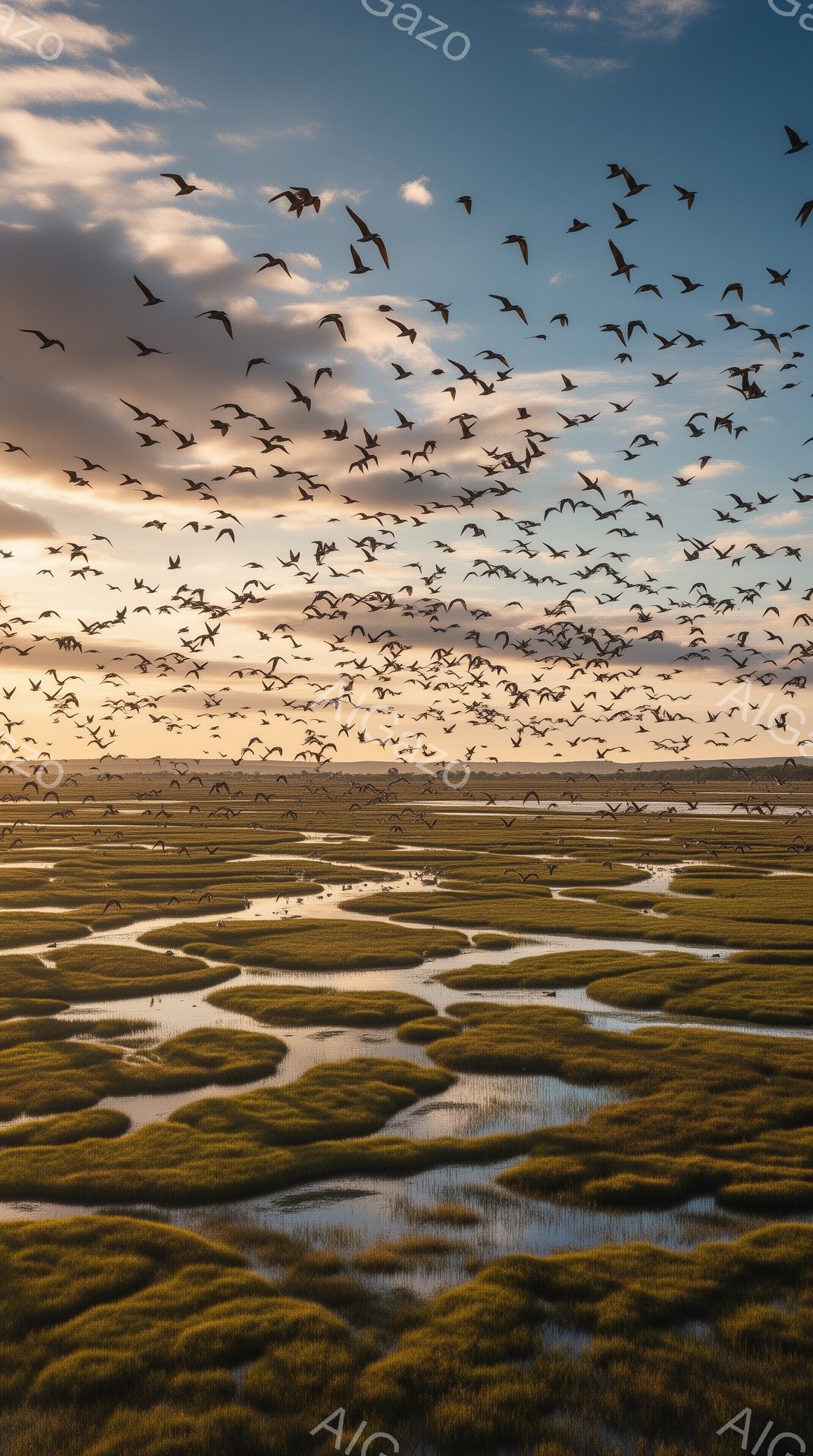 広大な湿地帯が夕日に照らされ、まるで絵画のような風景が広がっている。鳥たちの群れが空を舞い、そのシルエットが水面に映り込み、幻想的な雰囲気を醸し出している。静寂と自然の美しさが感じられる、心安らぐ光景 - AI生成フリー素材