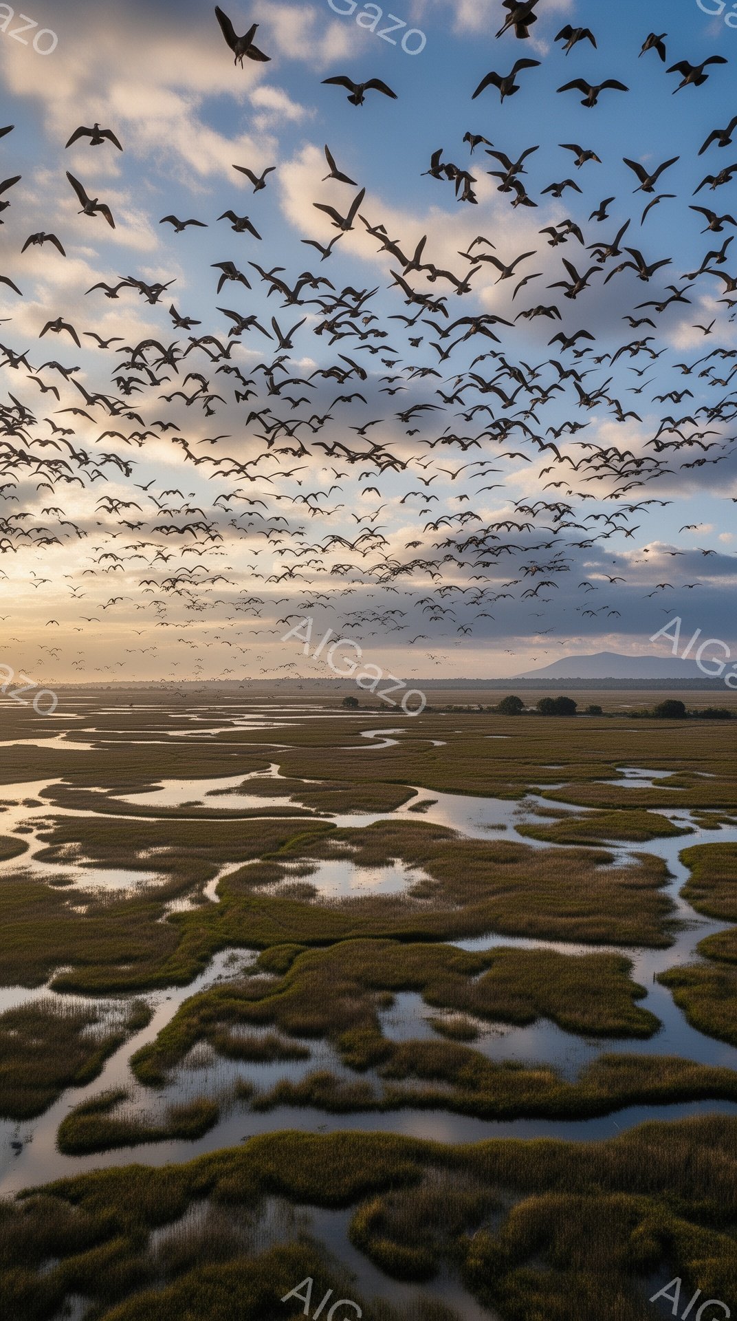 広大な湿地帯が夕焼けに照らされ、水路が迷路のように入り組んでいる。無数の鳥たちが群れをなし、空を舞い、まるで生きている絵画のようだ。穏やかで静寂な雰囲気が漂い、自然の美しさが際立っている。 - AI生成フリー素材