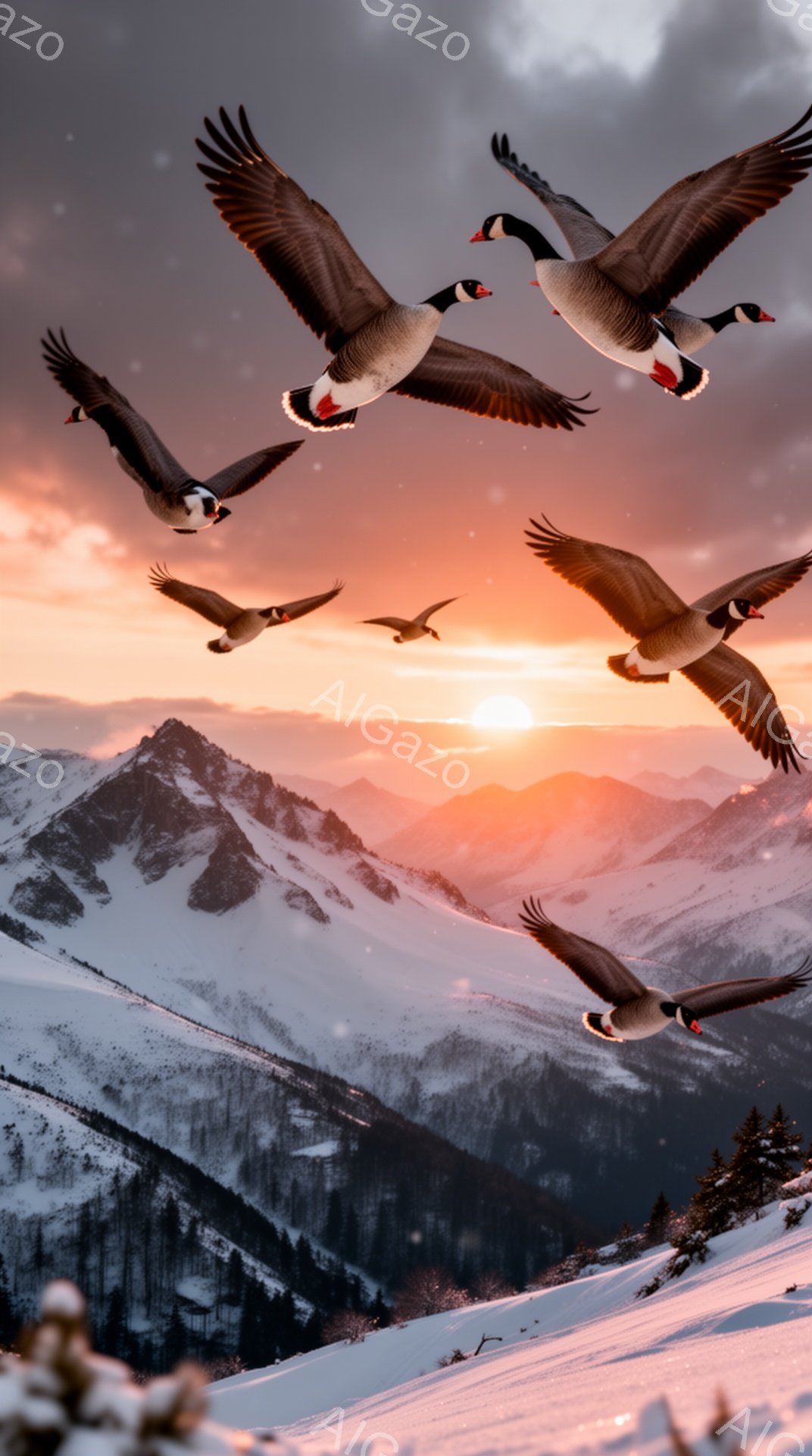 鮮やかな夕焼けを背景に、雪山の上をガチョウの群れが飛んでいる。山々は雪に覆われ、冬の静寂と自然の美しさを表現している。太陽は地平線に沈みかけ、空をオレンジ色とピンク色に染めている。 - AI生成フリー素材