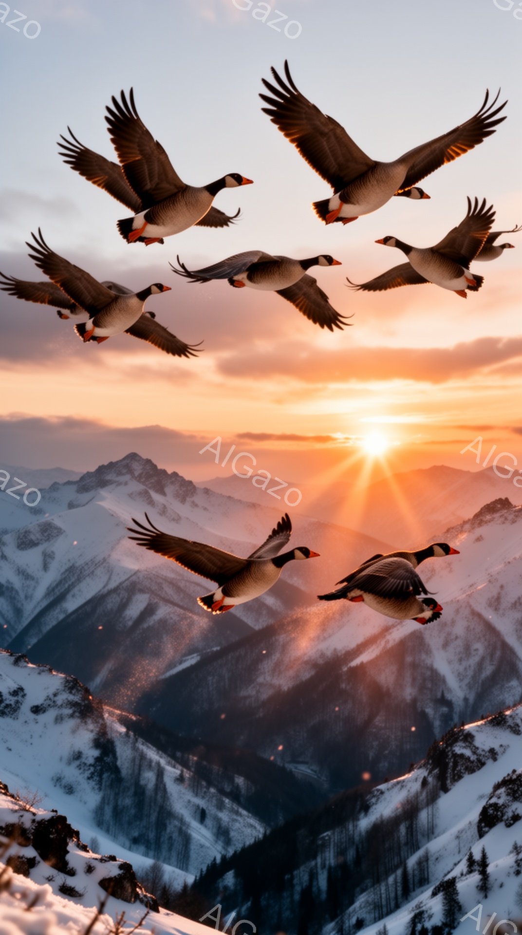 雪山を背景に、夕焼けの中で雁が群れをなして飛んでいる。太陽はオレンジ色に輝き、雪に反射して幻想的な光景を作り出している。空は赤からオレンジ、そして青へとグラデーションを描き、自然の美しさを強調している - AI生成フリー素材
