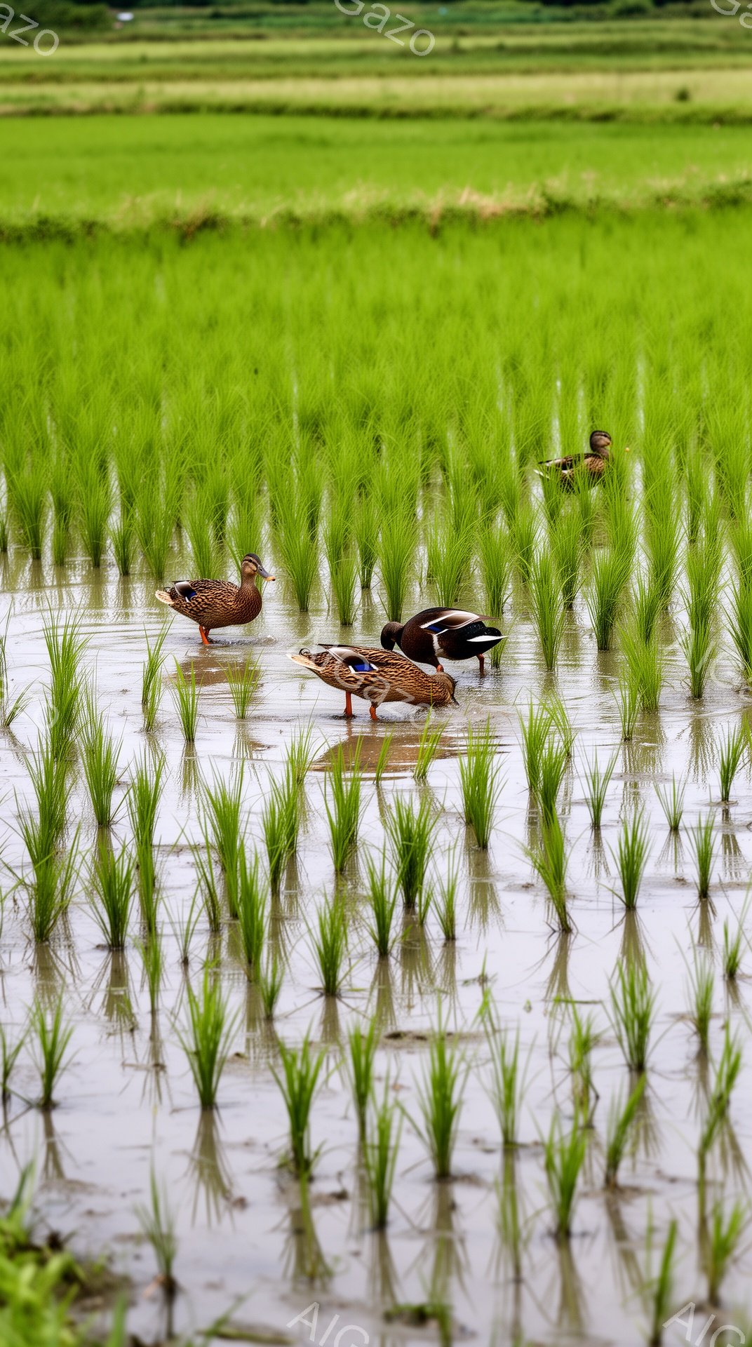 緑豊かな田んぼの中に、アヒルが数羽水面を歩いています。アヒルの姿が水面に反射し、美しいコントラストを生み出しています。新緑がまぶしい、穏やかな風景です。 - AI生成フリー素材