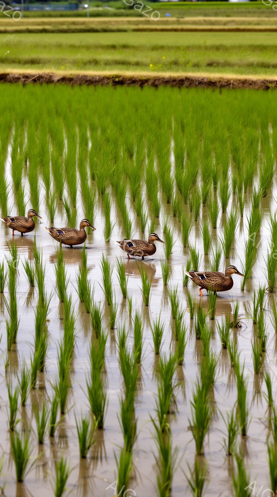 広大な田んぼの中にアヒルが数羽浮かんでいます。鮮やかな緑色の稲が水面に反射し、穏やかな雰囲気を醸し出しています。アヒルたちは静かに泳ぎ、平和な田園風景を彩っています。