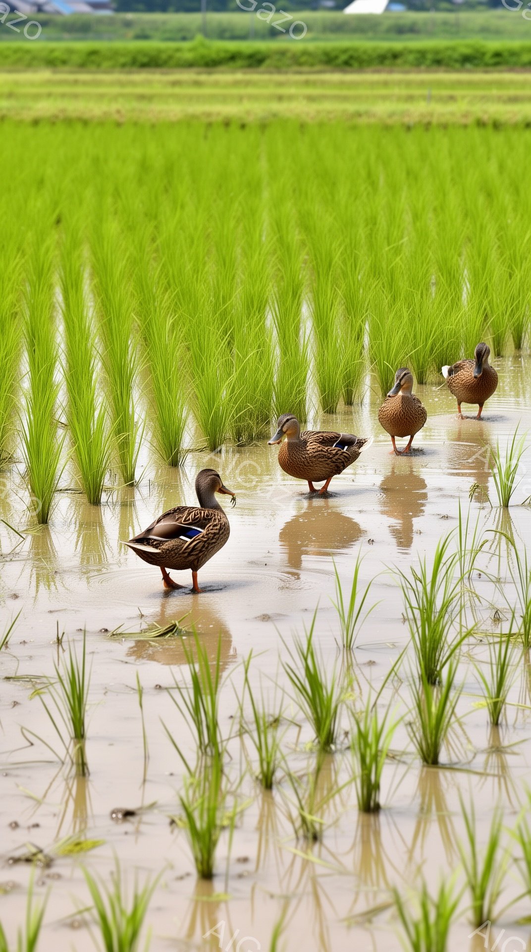 浅い水田の中に３羽のアヒルが立っている。緑色の苗が密集しており、水面にはアヒルの反射が見える。穏やかな雰囲気で、田園風景が広がる。
