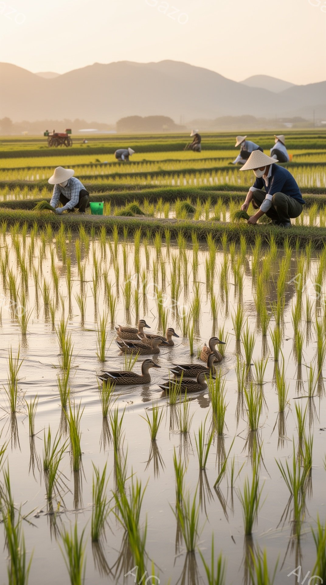 田んぼの中で、麦わら帽子をかぶった人々が苗を植えている。朝の光が水面に反射し、静かで穏やかな雰囲気が漂う。遠くには山々がぼんやりと見える。