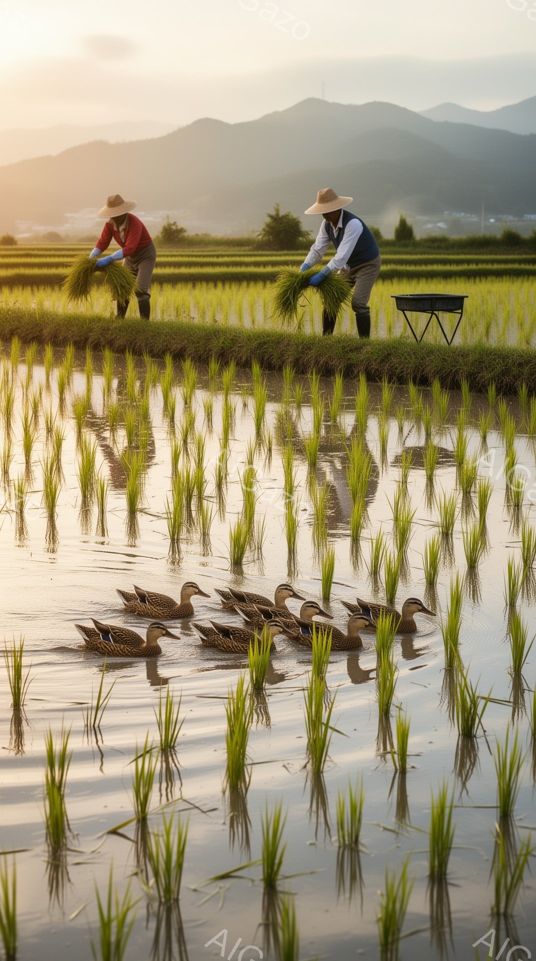 稲穂が実る水田で、麦わら帽子をかぶった農家が作業をしている。アヒルたちが列をなして水面を泳いでおり、夕焼けが水面に反射して幻想的な雰囲気を醸し出している。日本の田園風景を象徴する、穏やかで美しい光景だ。