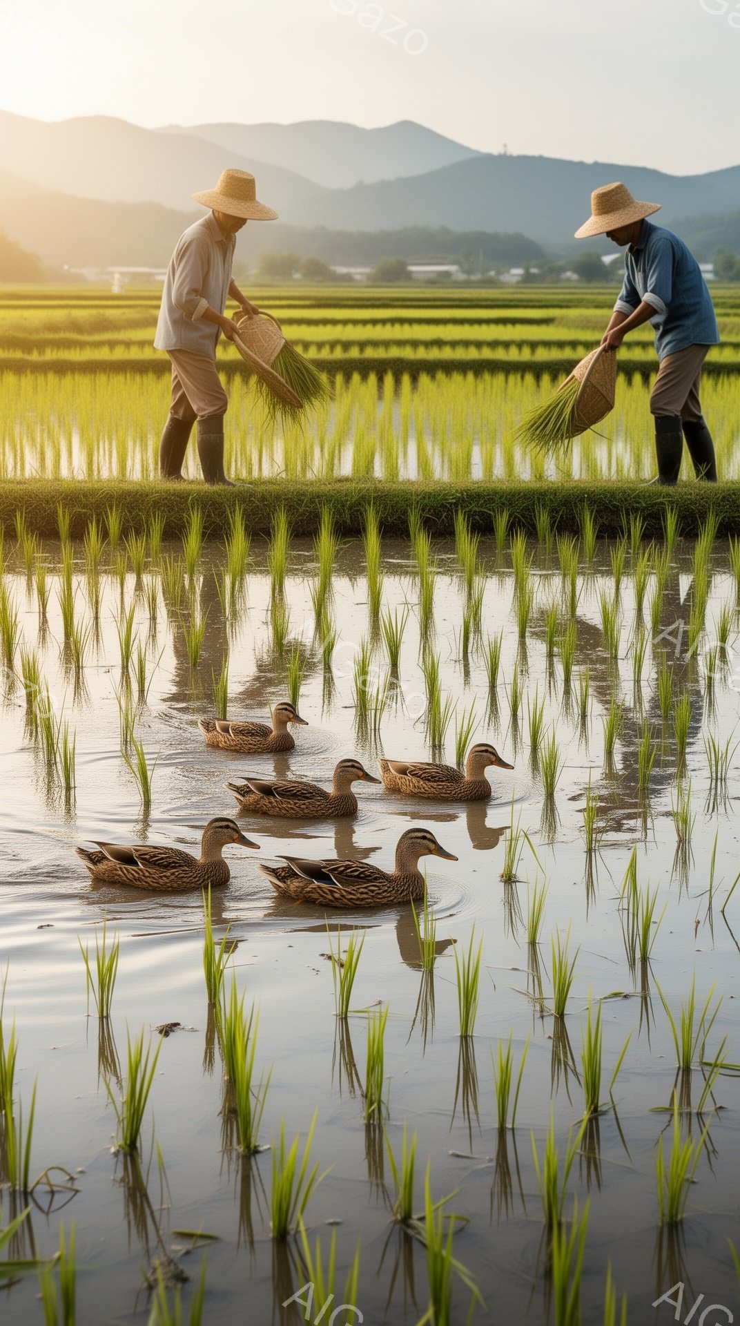 広大な水田で、麦わら帽子をかぶった農家が二人、腰まで水に浸かりながら苗を植えています。夕焼けの光が水面に反射し、アヒルたちがのんびりと泳いでおり、穏やかで牧歌的な雰囲気を醸し出しています。背景には遠くの山々がぼんやりと見え、自然豊かな風景が広がっています。