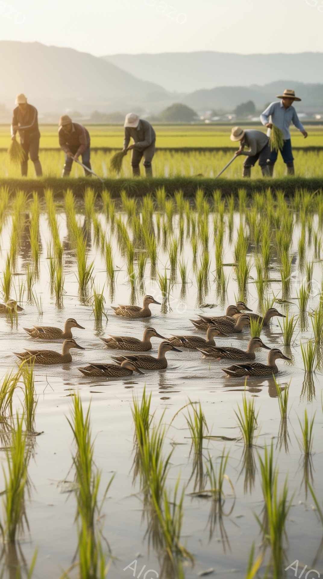 浅い水田にたくさんのアヒルが浮かび、背景には麦わらを運ぶ人々の姿が見える。朝日に照らされた水田は緑豊かで、平和な田園風景を表現している。アヒルたちは水面をゆったりと進み、穏やかな雰囲気を醸し出している - AI生成フリー素材