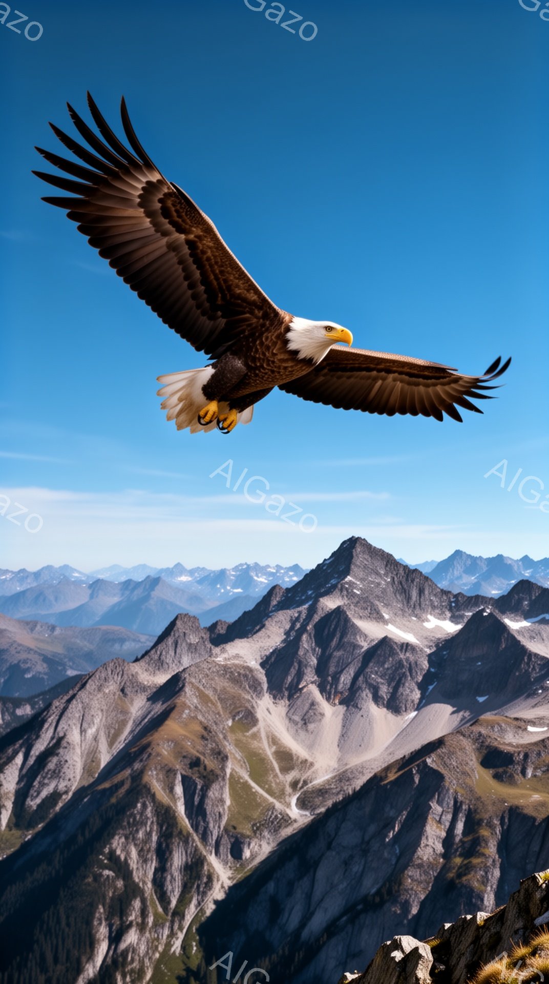 青空の下、険しい山々を背景に、翼を広げたハクトウワシが力強く飛んでいる。その姿は、自由と力強さを象徴し、雄大な自然の中で生きる野生動物の生命力を感じさせる。山々の風景は、遠近感があり、壮大で美しい光景 - AI生成フリー素材