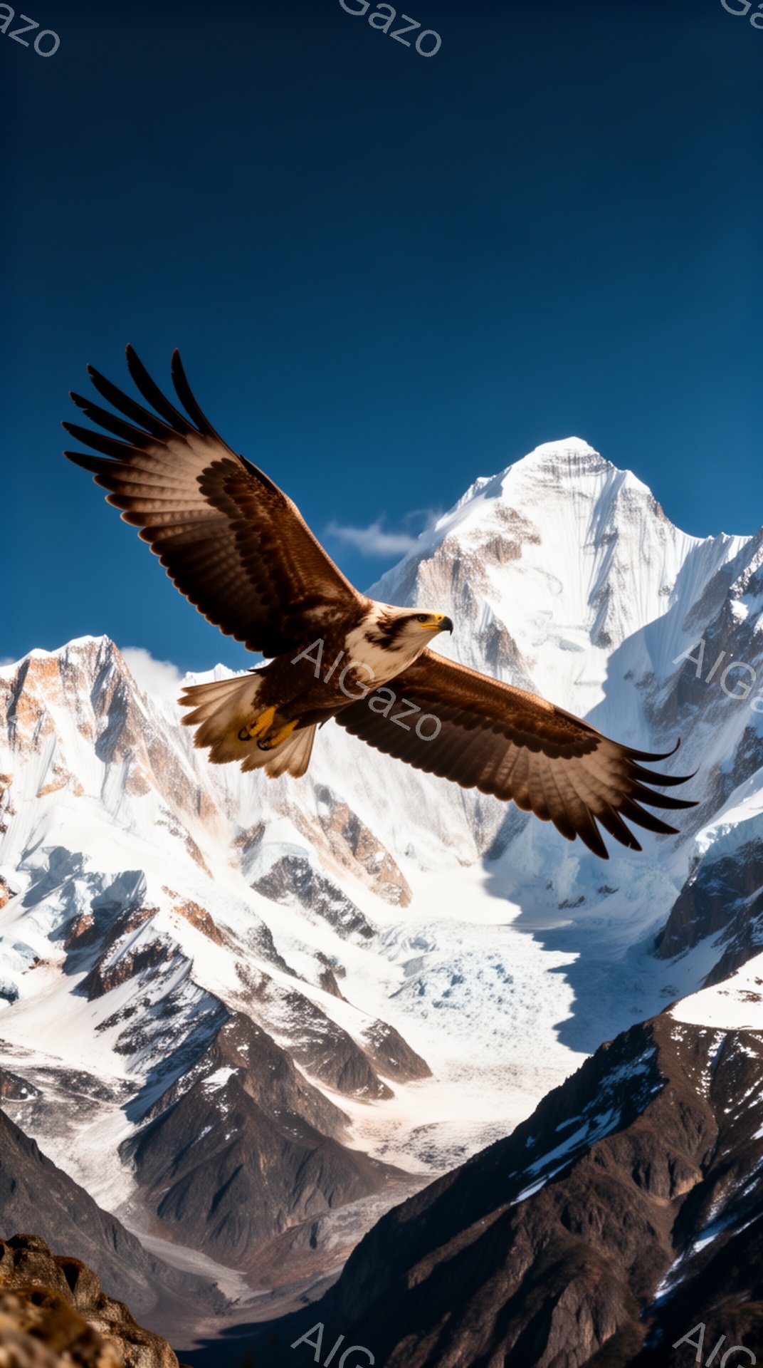 雄大な山々を背景に、翼を広げて飛ぶワシが描かれています。青空とのコントラストが鮮やかで、力強い姿が印象的です。雪を抱いた山々の景色は、自然の壮大さを感じさせます。 - AI生成フリー素材