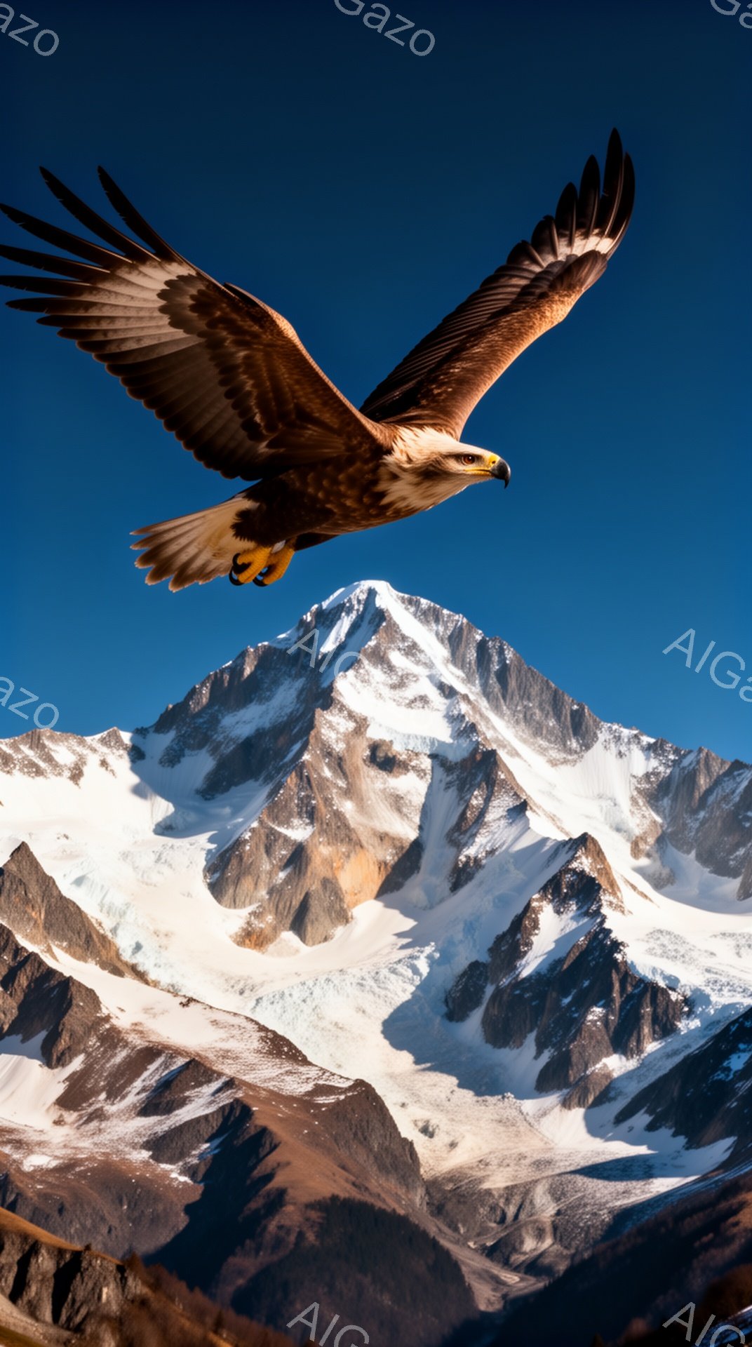 険しい山々の背景に、翼を広げた巨大な猛禽類が飛び立つ姿が印象的な一枚です。青空とのコントラストが鮮やかで、力強く、自由な雰囲気を醸し出しています。雪を頂いた山々と、空を舞う鳥の組み合わせが壮大な自然の - AI生成フリー素材