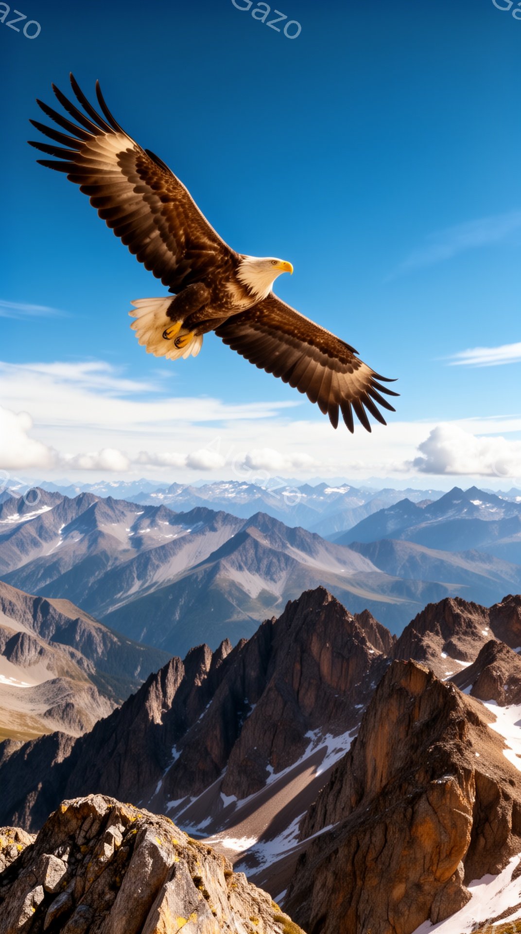 岩山を背景に、力強い翼を広げたハゲワシが空を舞っている。青空と白い雲が広がり、壮大な自然の風景が広がっている。山々は雪を抱き、静寂で厳かな雰囲気が漂っている。 - AI生成フリー素材