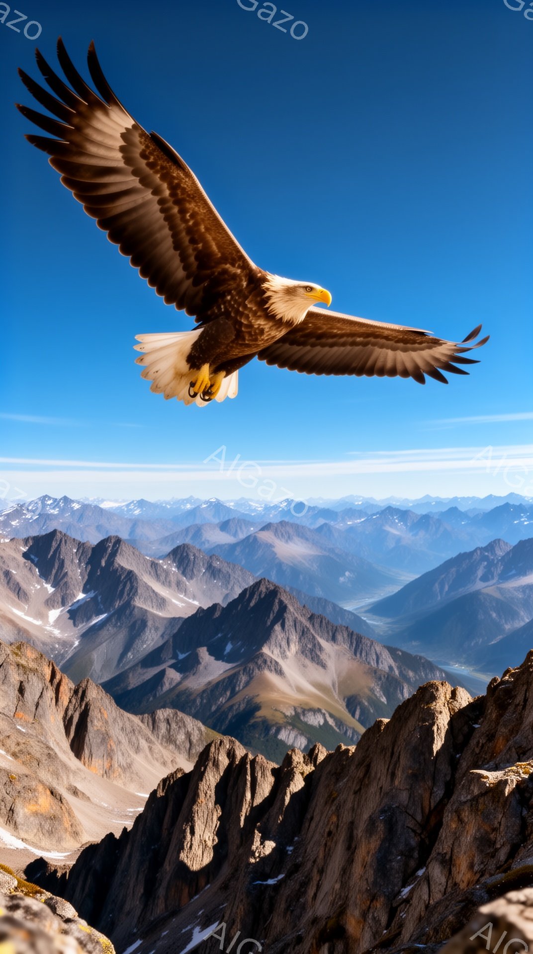 青々とした空を背景に、雄大な山々が連なる風景の中に、白頭ハゲワシが翼を広げて飛び交っている。鋭い眼光と力強い翼を持つハゲワシは、山の風景と一体となり、力強さと自由を象徴している。光と影のコントラストが - AI生成フリー素材