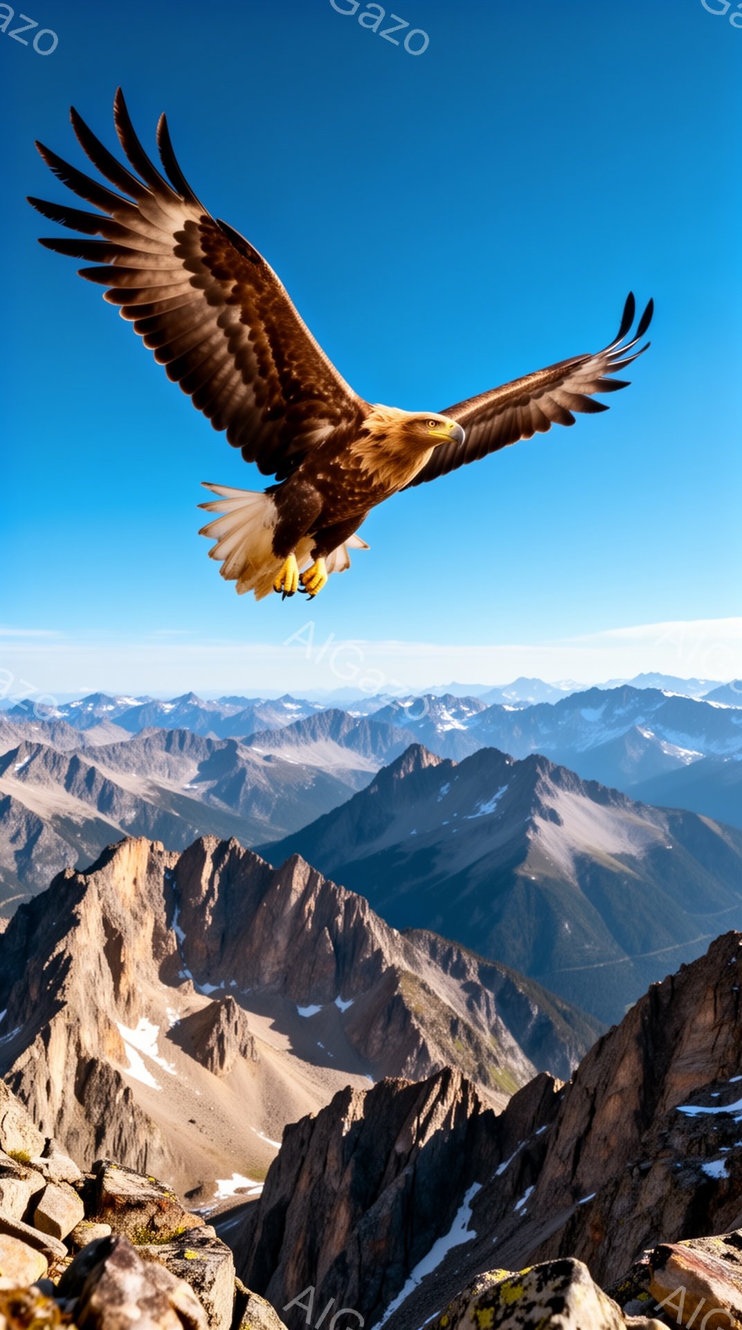 空高く舞い上がる巨大なワシが、険しい山々の風景の中にいます。青い空を背景に、その翼は力強く広げられており、雄大な自然を感じさせます。山々の頂は雪で覆われ、厳しい環境がうかがえます。 - AI生成フリー素材