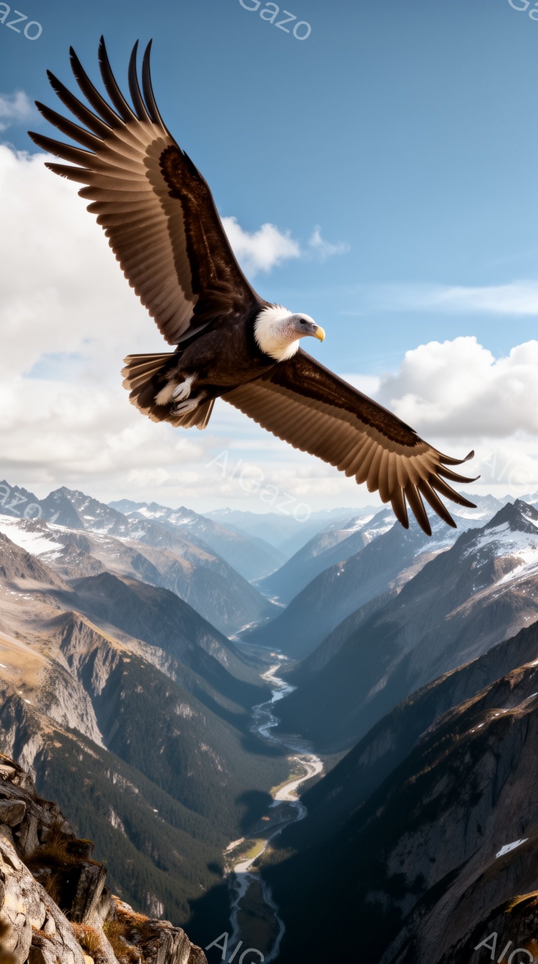 広大な山岳地帯の上空を、翼を大きく広げたハクトウワシが優雅に飛んでいる。深い渓谷と雪を頂く山々の背景が、ワシの力強さを際立たせ、自然の壮大さを感じさせる。青い空と白い雲が、穏やかで静寂な雰囲気を醸し出している。