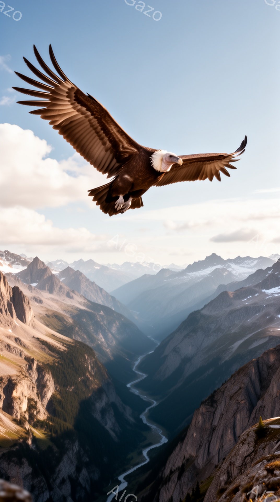 岩だらけの山々と谷を背景に、巨大な翼を広げたハゲワシが力強く飛び立つ姿が捉えられています。日の光が谷を照らし、神秘的な雰囲気を醸し出しています。鷹の鋭い眼差しと雄大な自然が印象的です。