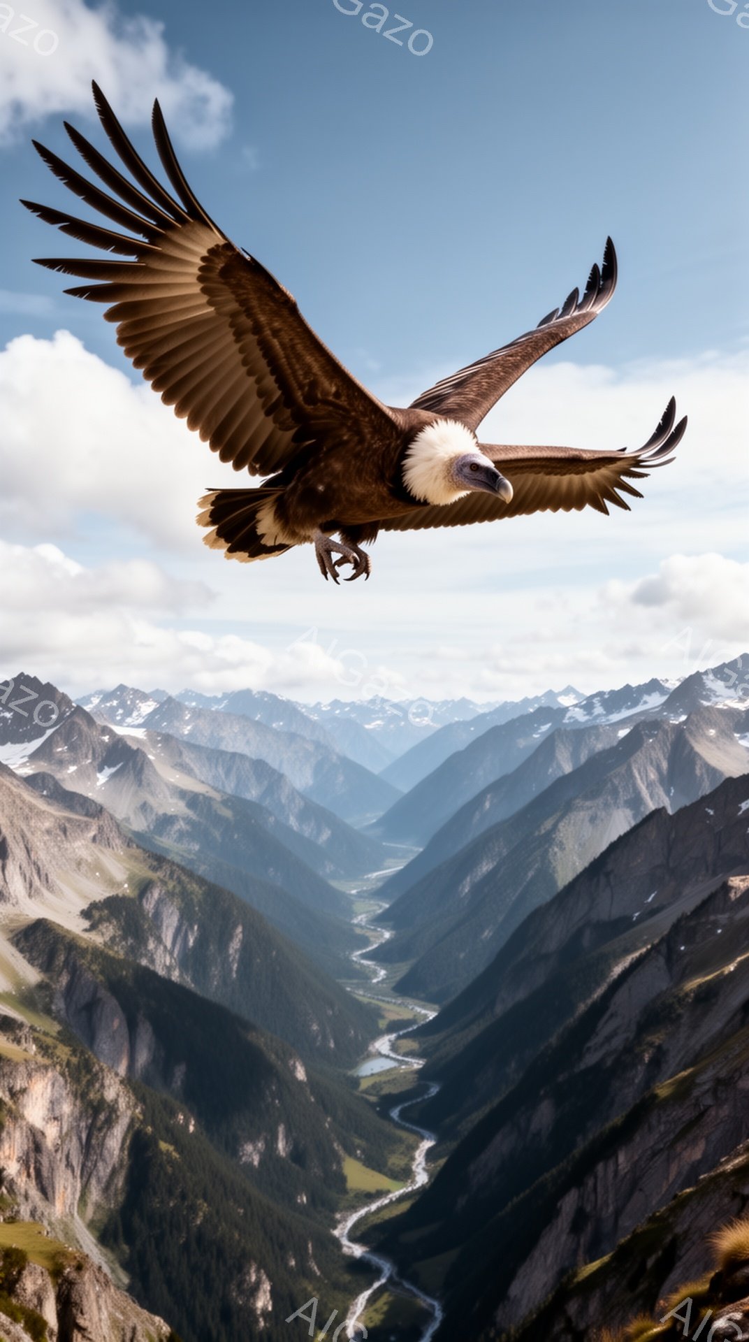 巨大な猛禽類が山々の合間を優雅に飛んでいる。谷底を流れる川が、険しい山の風景に奥行きを与え、壮大な自然の息吹を感じさせる。光と影のコントラストが、迫力満点の飛行シーンをさらに強調している。