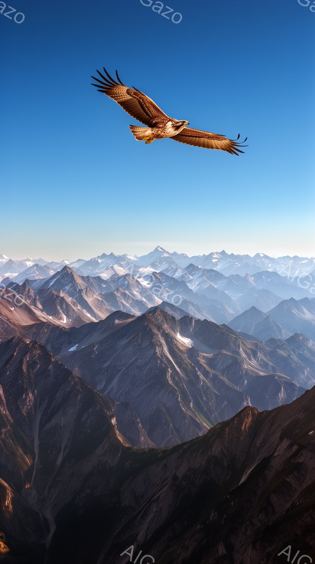 雄大な山脈を背景に、翼を広げた猛禽類が空を飛んでいる。青空と山の稜線が織りなす壮大な景色は、自然の力強さと美しさを感じさせる。遠くに見える雪を抱いた山々は、どこか神秘的な雰囲気を醸し出している。 - AI生成フリー素材
