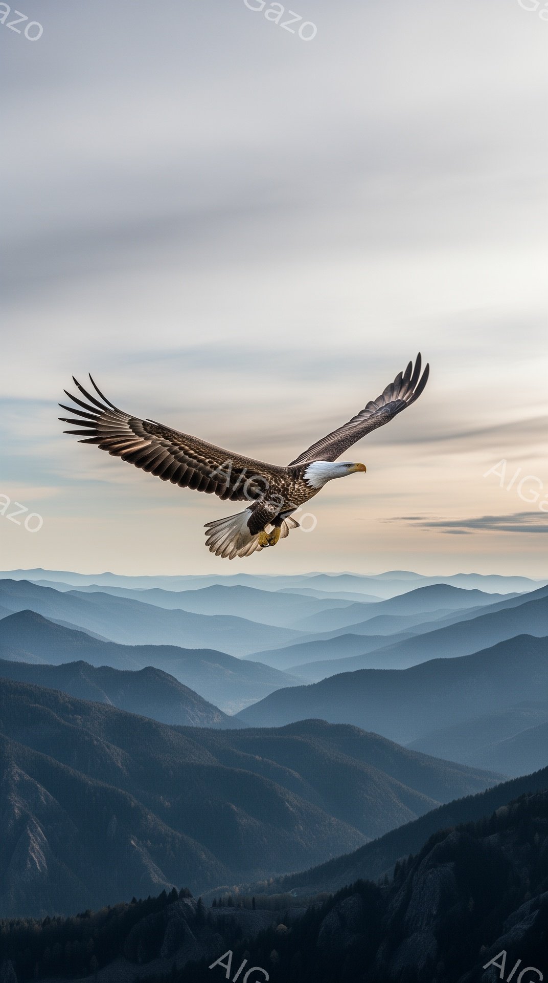 岩山と霧に包まれた風景を背景に、翼を広げた巨大な鷲が力強く飛んでいる。鷲の鮮明な白と茶色のコントラストが、灰色の背景の中で際立っている。この写真は、自然の雄大さと鷲の自由な精神を捉えた壮大な瞬間だ。 - AI生成フリー素材