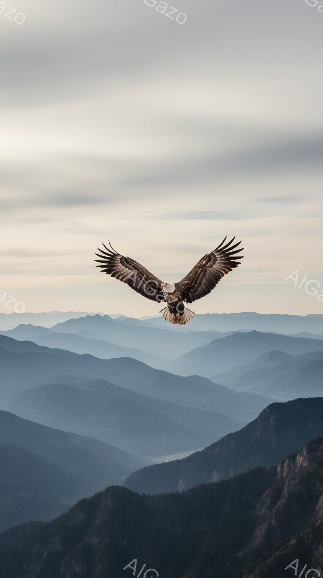 空を飛ぶワシが、霞んだ山々の風景を背景に翼を広げています。山々は層状になって遠くへと続いており、静かで荘厳な雰囲気を醸し出しています。ワシの力強い姿と、壮大な自然の組み合わせが印象的です。