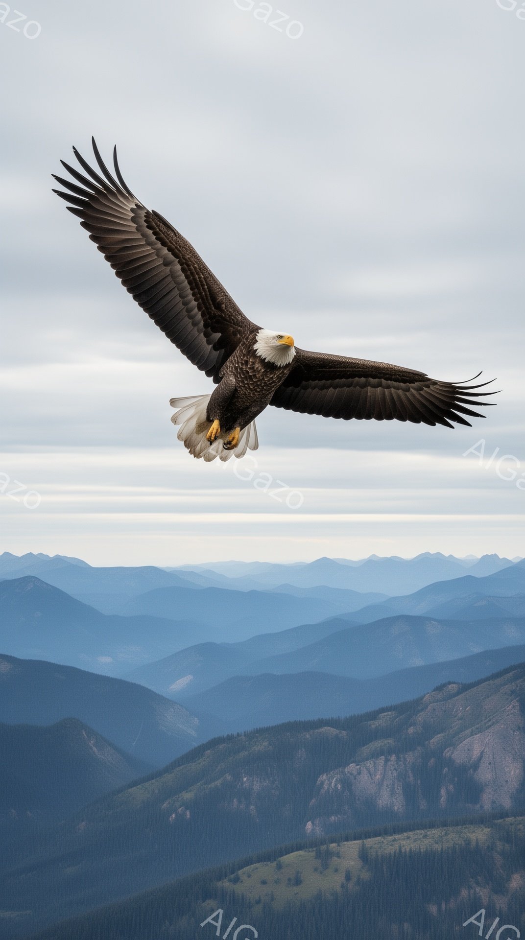 広大な山々の風景を背景に、翼を広げたハクトウワシが力強く飛んでいる。青空と山々の青みがかったシルエットが印象的で、ワシの鮮明な白と茶色のコントラストが際立つ。自然の雄大さとワシの自由な姿が感じられる一 - AI生成フリー素材
