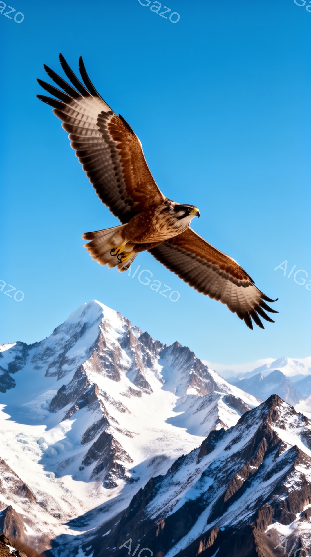 険しい山々を背景に、大きな翼を広げたワシが空を飛んでいる。太陽光がワシの羽を照らし、力強く、自由な姿を際立たせている。雪山の壮大な景色とワシの飛行が、自然の雄大さを表現している。 - AI生成フリー素材