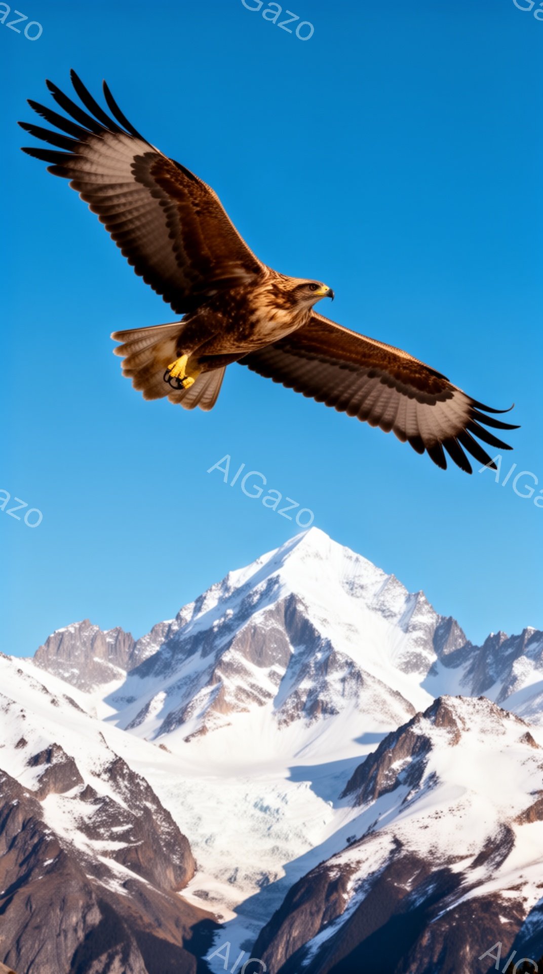 鮮やかな青空を背景に、巨大な翼を広げた猛禽類が力強く飛んでいる。雪を頂いた山々が広がり、自然の雄大さと鳥の自由な姿が印象的な光景だ。太陽の光が鳥の羽を照らし、躍動感溢れる瞬間を捉えている。 - AI生成フリー素材