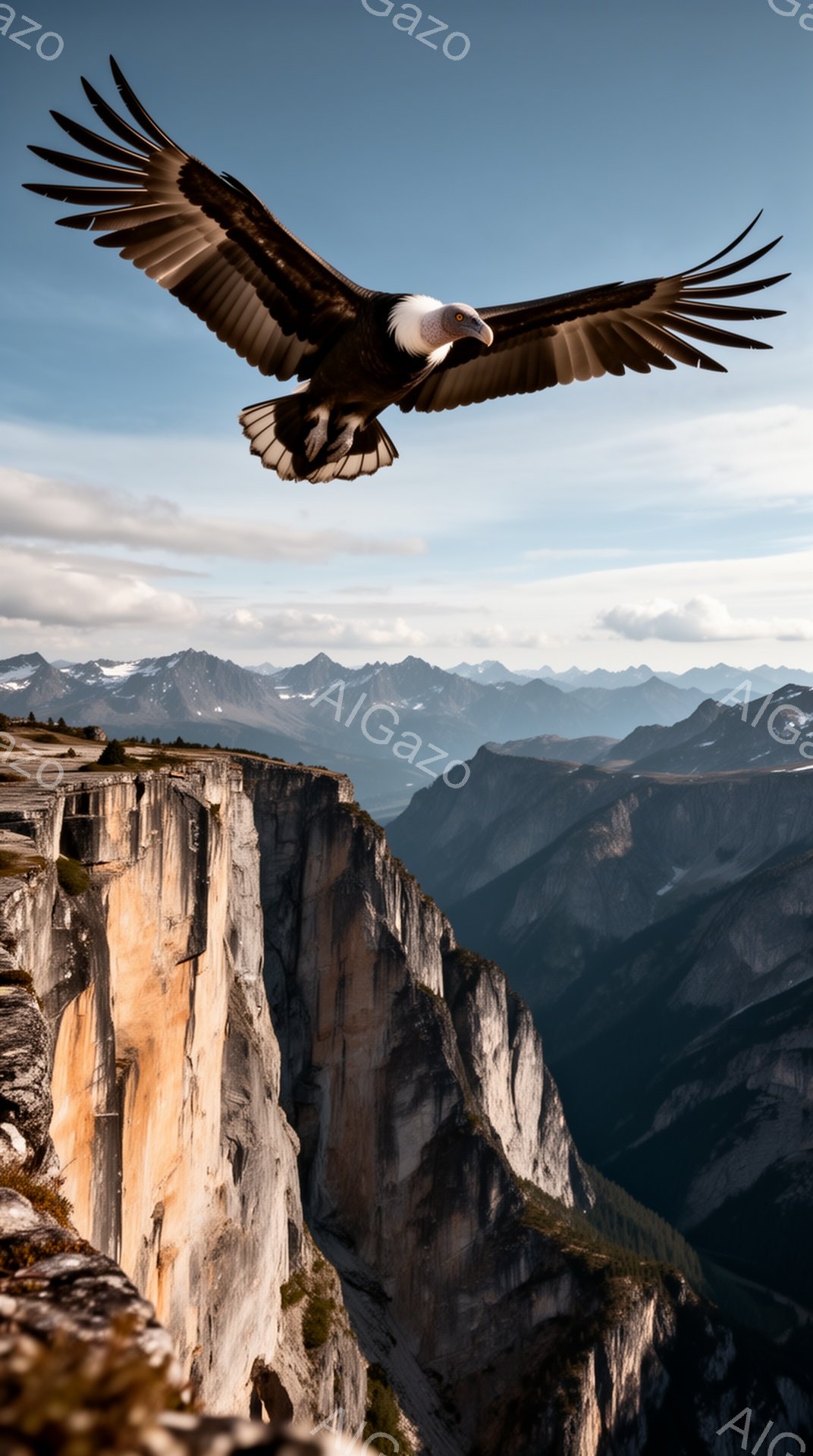 空を飛ぶ巨大なワシが、岩壁と深い渓谷の風景を背景に捉えられています。夕暮れ時の光が岩肌を照らし、自然の壮大さと力強さを際立たせています。力強い翼を広げたワシの姿は、自由と野性の象徴のように見えます。
