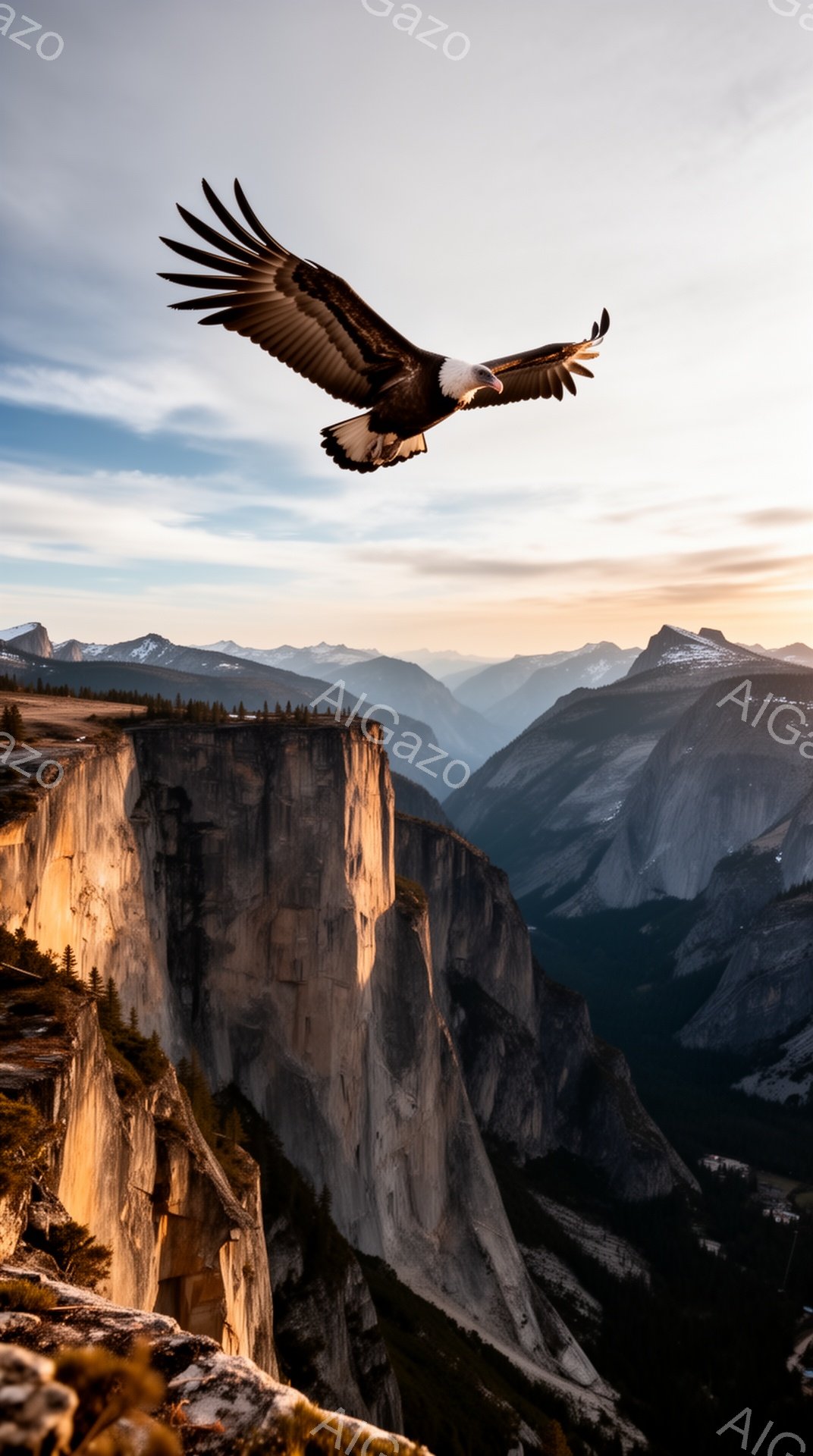 空高く舞う白頭鷲が、巨大な花崗岩の崖を背景に力強く飛び立つ姿が印象的です。夕暮れ時の柔らかな光が崖を照らし、壮大な自然の風景が広がっています。山の稜線には雪が残り、冬の静寂と雄大さを感じさせます。