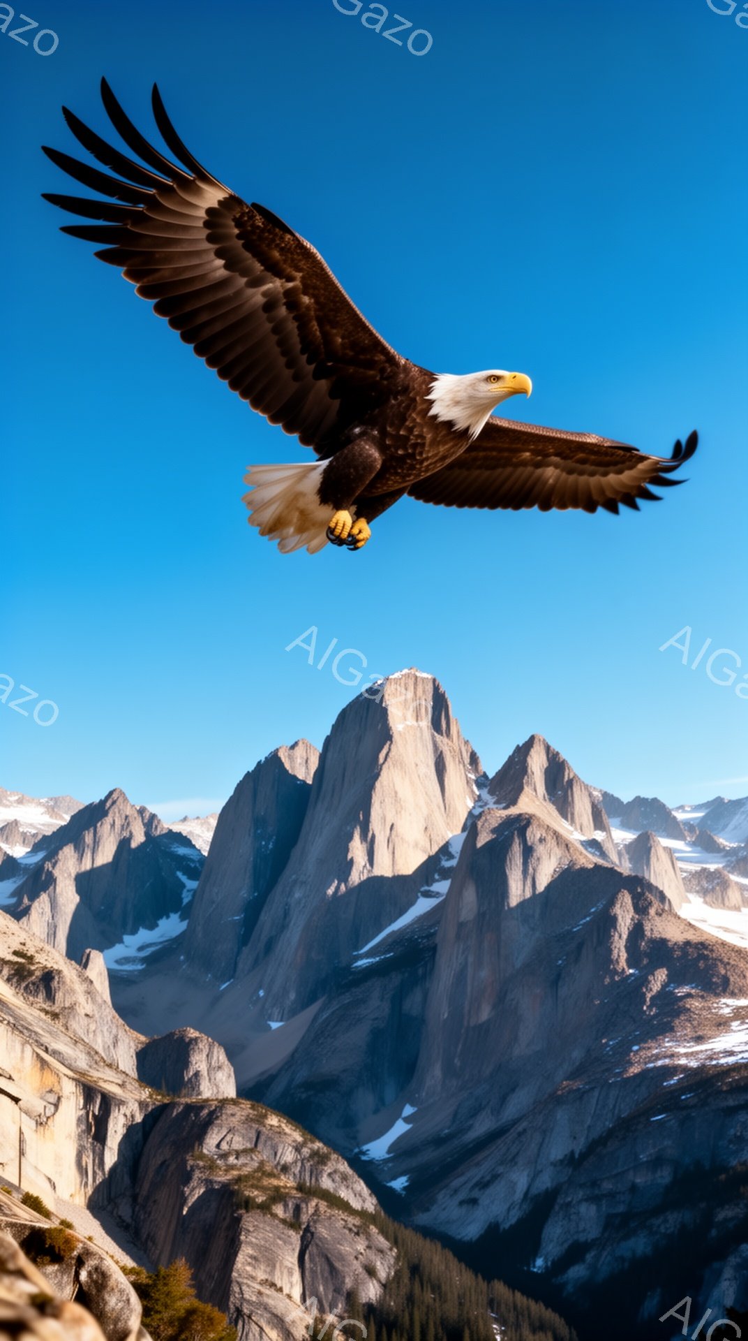 雄大な山々を背景に、翼を広げたハゲワシが空を飛んでいる。青空と白い雪山とのコントラストが印象的で、力強く美しい自然の姿が捉えられている。ハゲワシの鋭い眼差しは、自然界の厳しさと自由を象徴している。