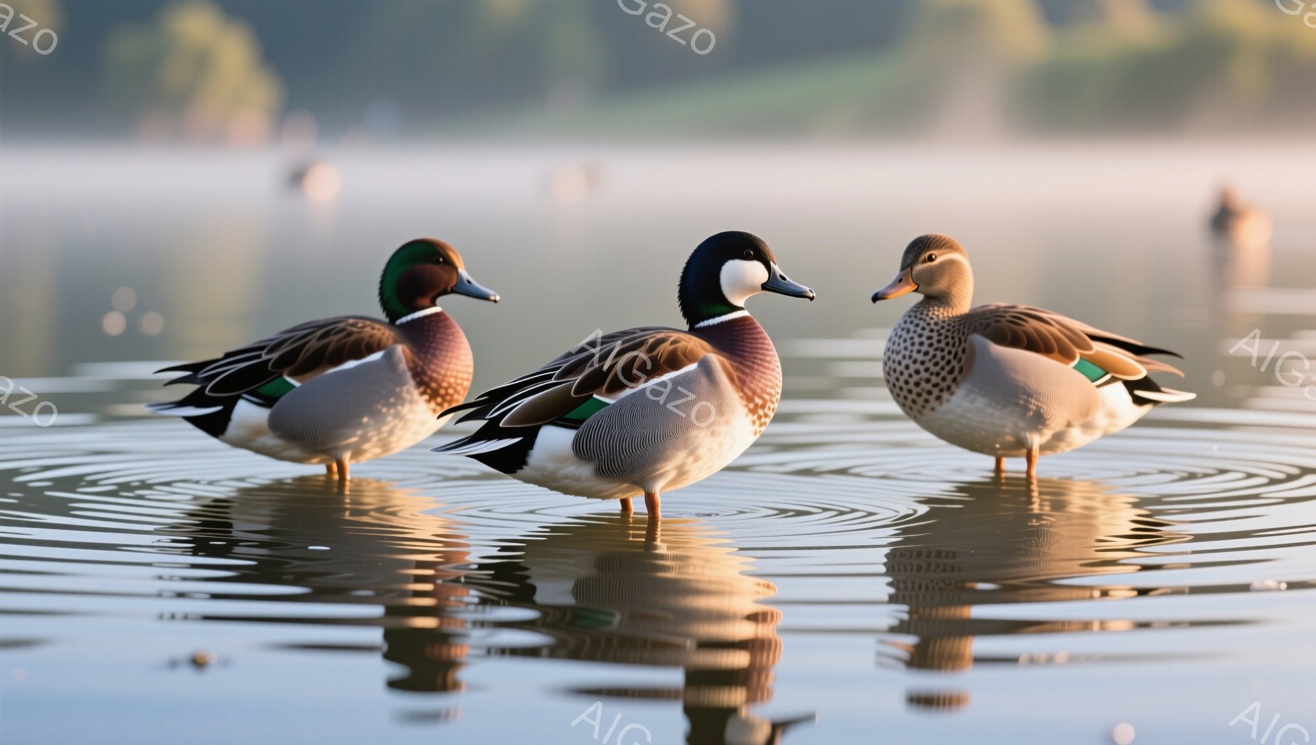 穏やかな水面にアヒルが3羽浮かんでいます。緑と茶色の美しい羽毛が水面に映り、波紋が広がっています。朝日の光がアヒルを照らし、静かで平和な雰囲気が漂っています。 - AI生成フリー素材