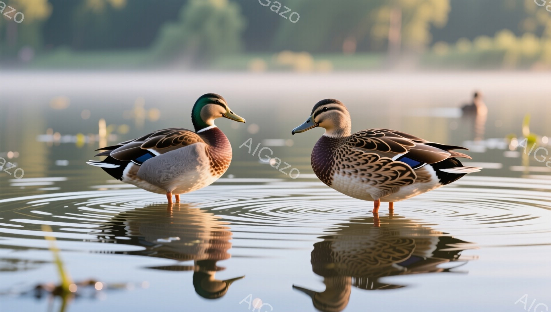 穏やかな水面にアヒルが二羽浮かんでいます。朝日の光が水面を照らし、アヒルとその水面反射が美しい模様を作っています。周囲には緑豊かな植物が見られ、静かで平和な雰囲気が漂っています。 - AI生成フリー素材