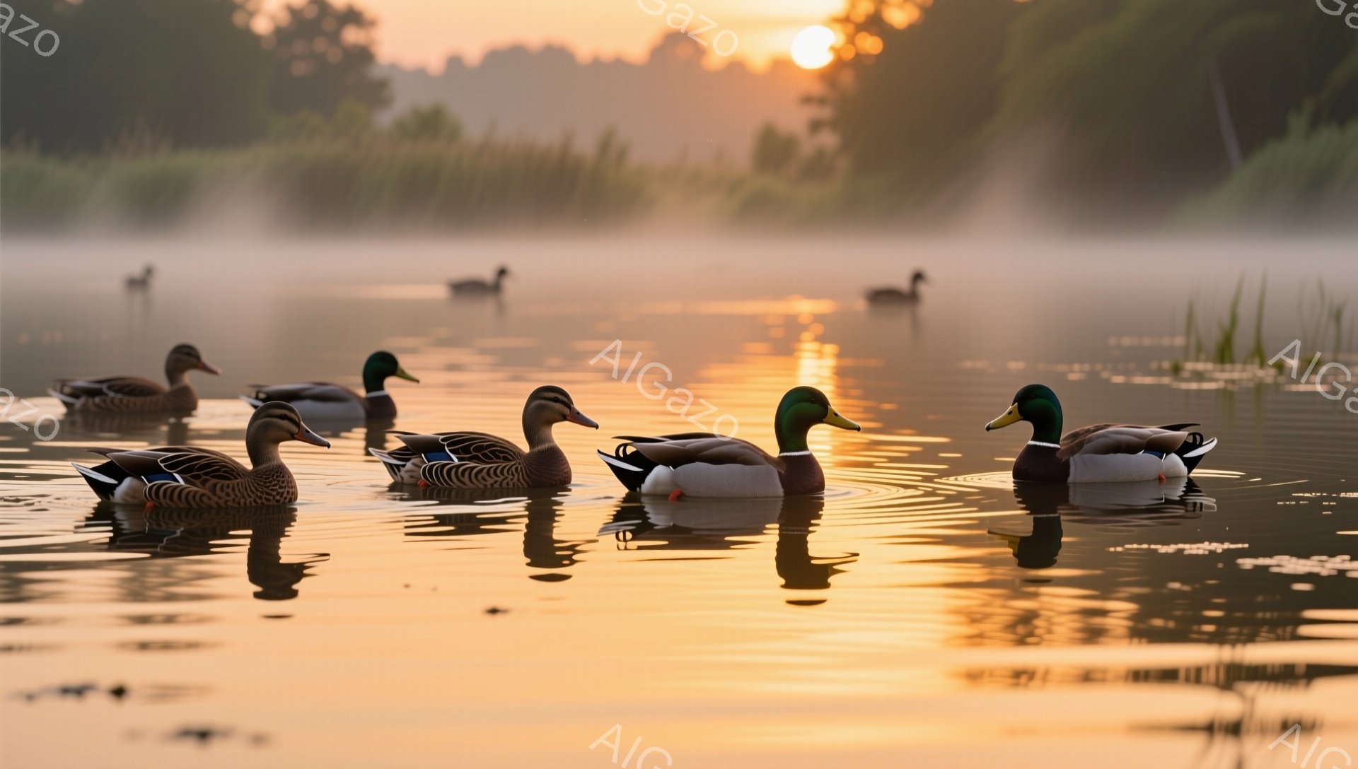 静かな湖面をアヒルたちが静かに泳いでいる。夕焼けの光が水面を照らし、黄金色に輝く幻想的な風景を作り出している。霧が立ち込め、穏やかで平和な雰囲気が漂う。 - AI生成フリー素材